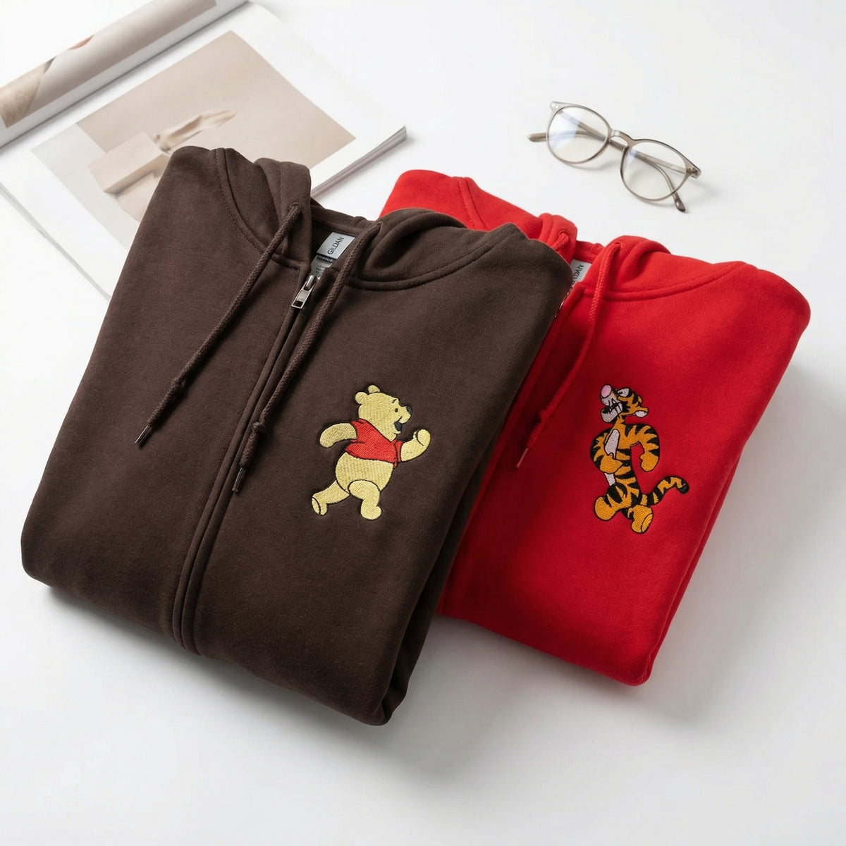 Custom Embroidered Quarter Zip Sweatshirts for Couples - Bear & Tiger His and Her Matching Full-Zip Hoodie