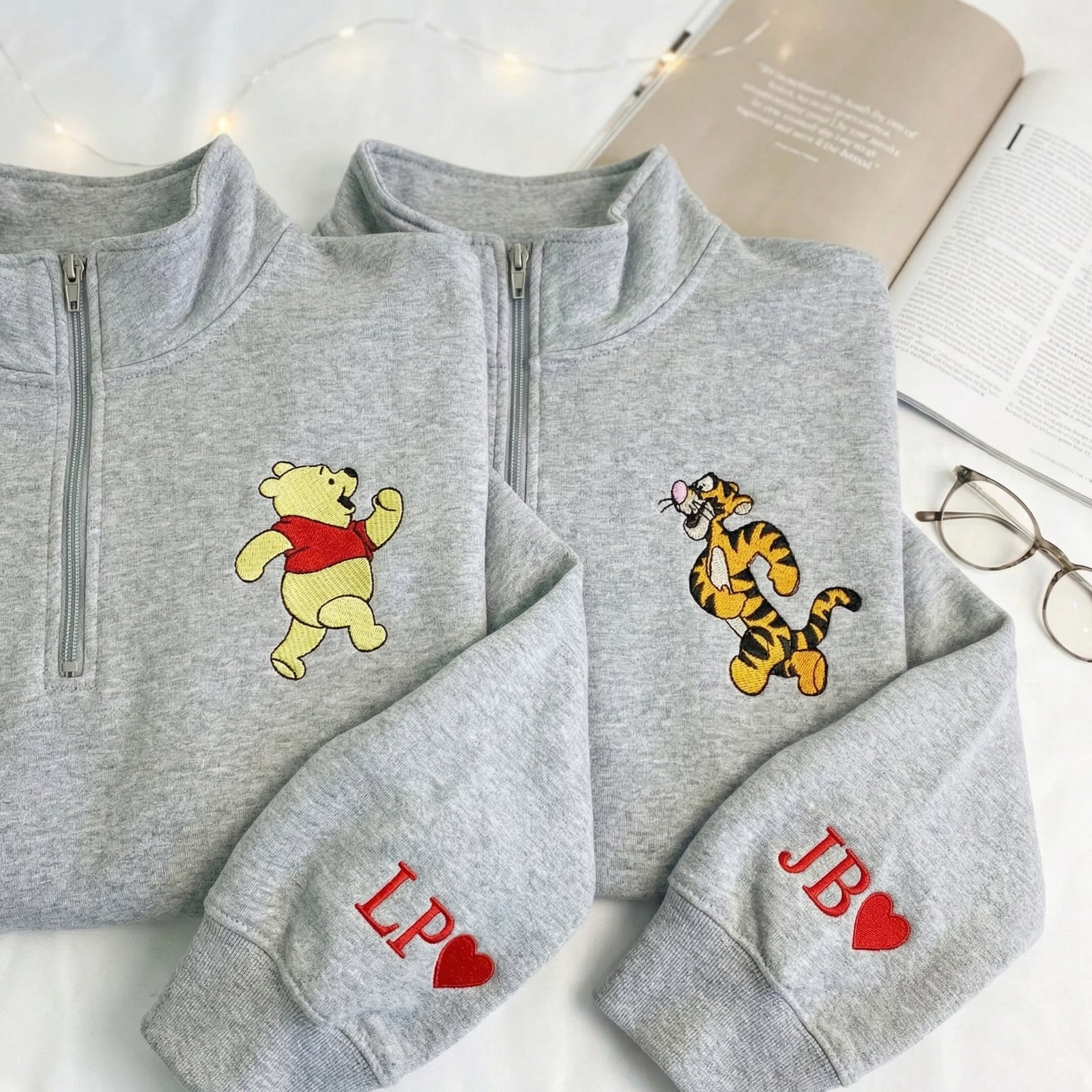 Custom Embroidered Quarter Zip Sweatshirts for Couples - Bear & Tiger His and Her Matching Full-Zip Hoodie