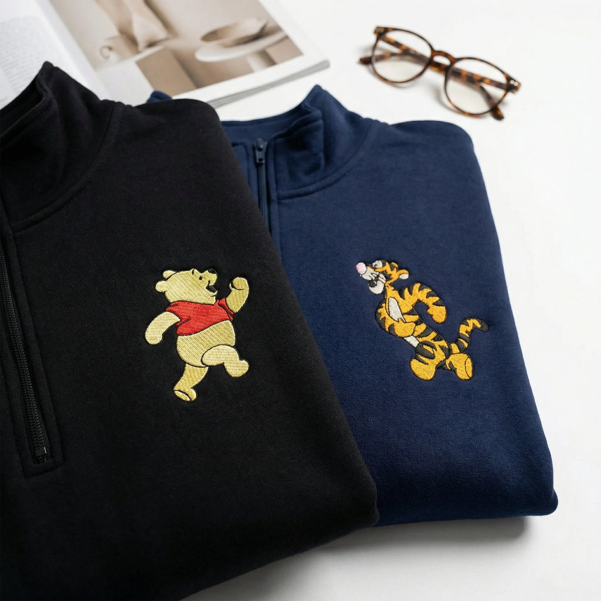 Custom Embroidered Quarter Zip Sweatshirts for Couples - Bear & Tiger His and Her Matching Full-Zip Hoodie