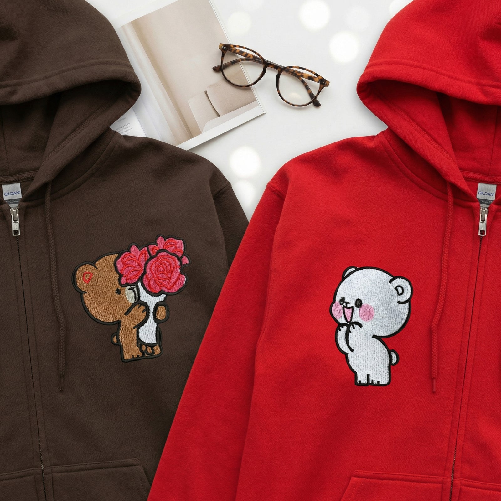 Custom Embroidered Quarter Zip Sweatshirts for Couples - Brown & Cream Bears Matching Full-Zip Hoodie