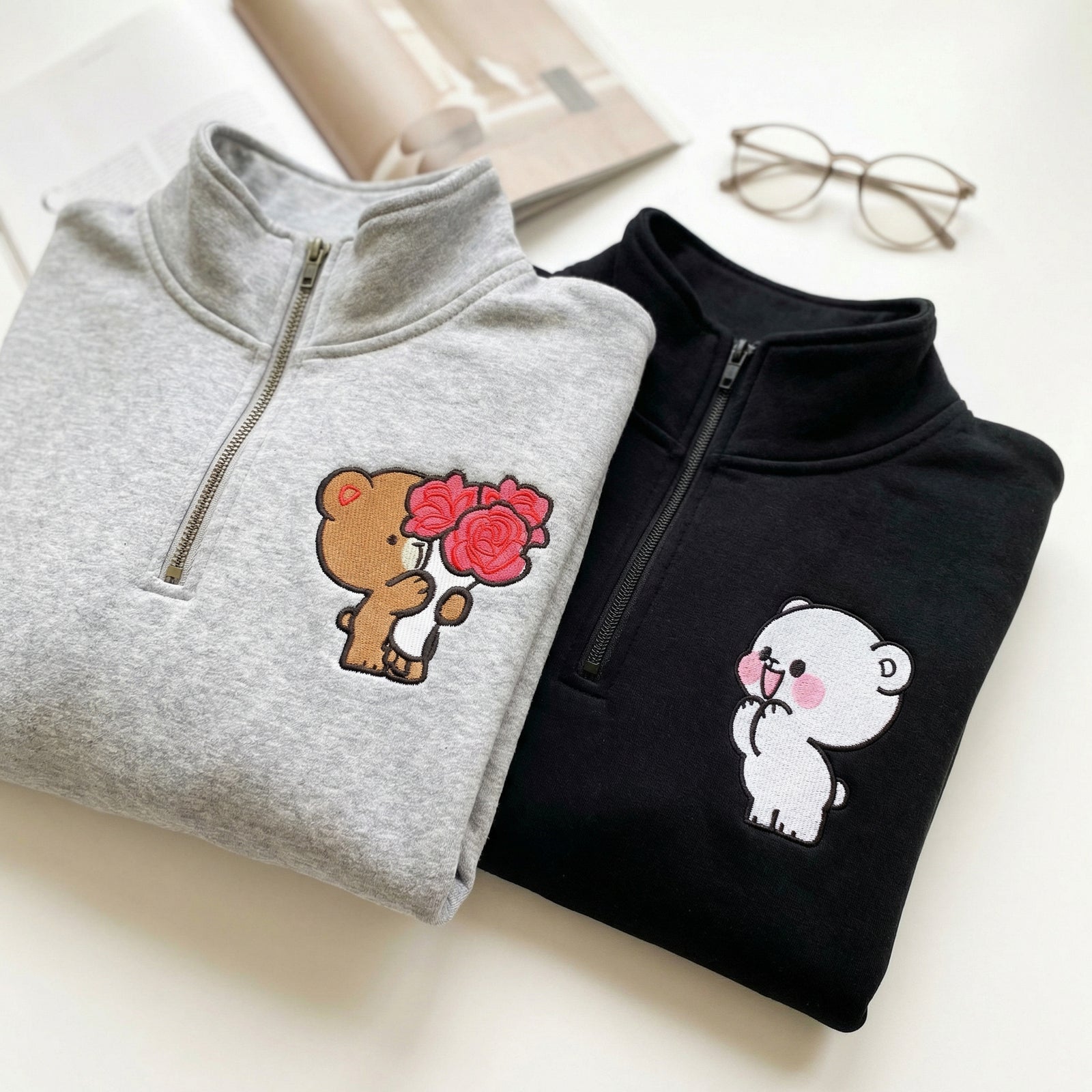 Custom Embroidered Quarter Zip Sweatshirts for Couples - Brown & Cream Bears Matching Full-Zip Hoodie