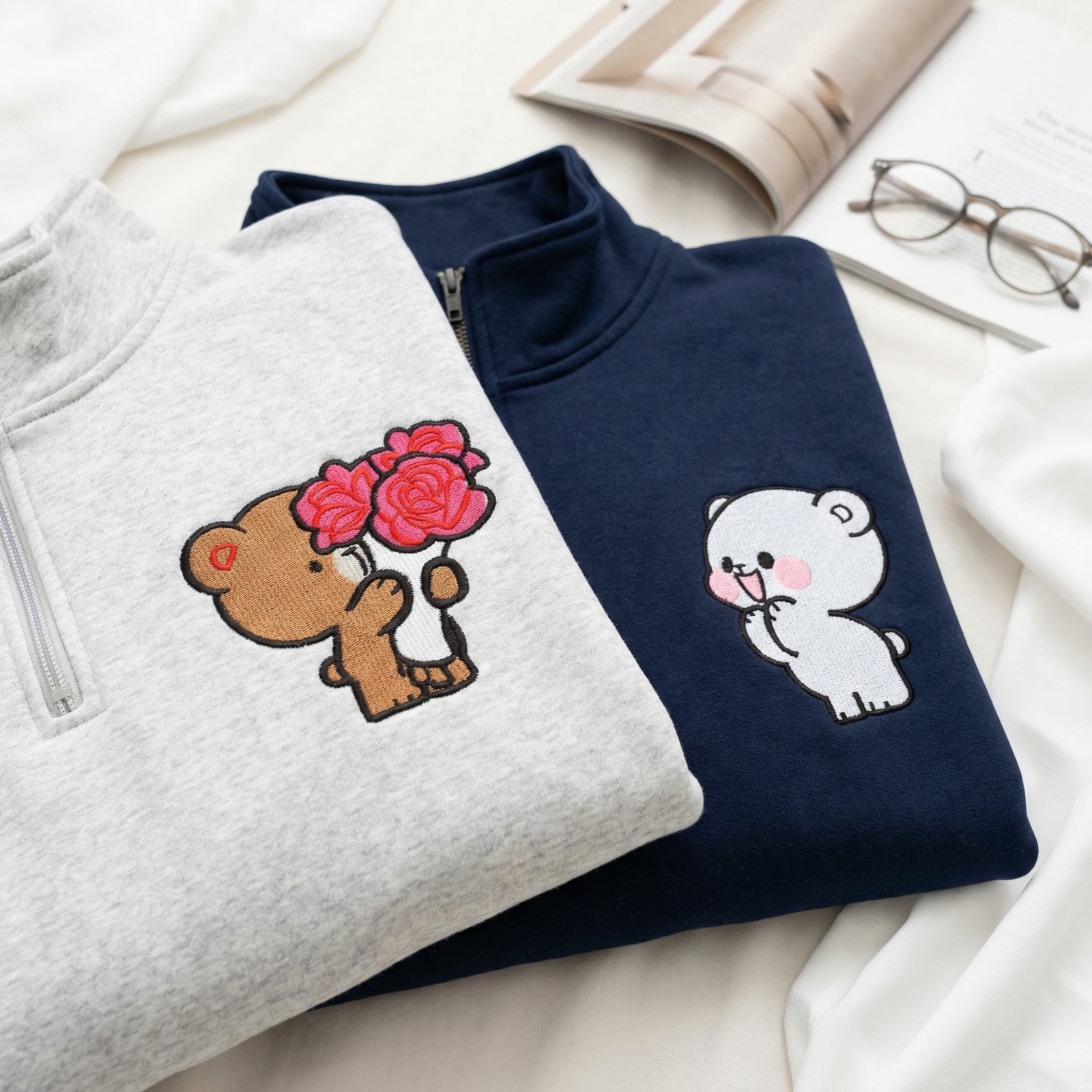 Custom Embroidered Quarter Zip Sweatshirts for Couples - Brown & Cream Bears Matching Full-Zip Hoodie