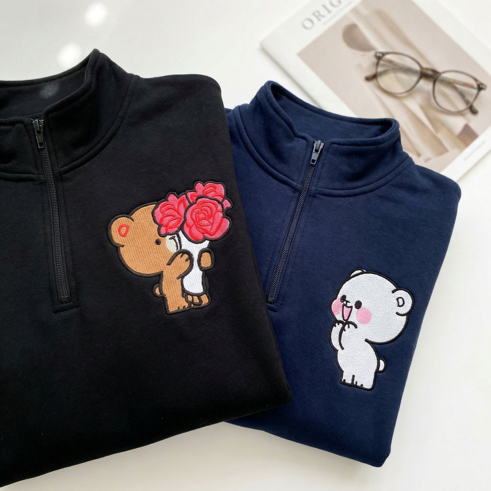 Custom Embroidered Quarter Zip Sweatshirts for Couples - Brown & Cream Bears Matching Full-Zip Hoodie