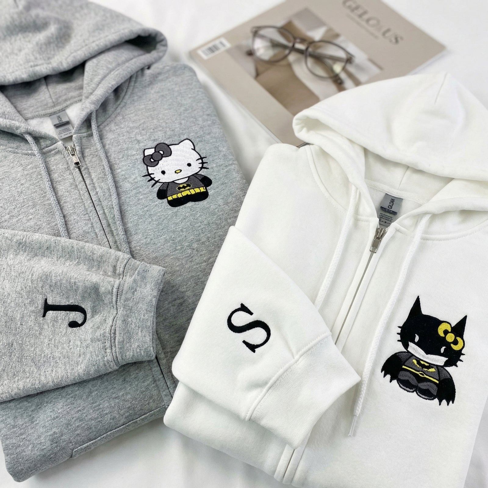 Custom Embroidered Quarter Zip Sweatshirts for Couples - Cartoon Bat & Kitten Matching Full-Zip Hoodie