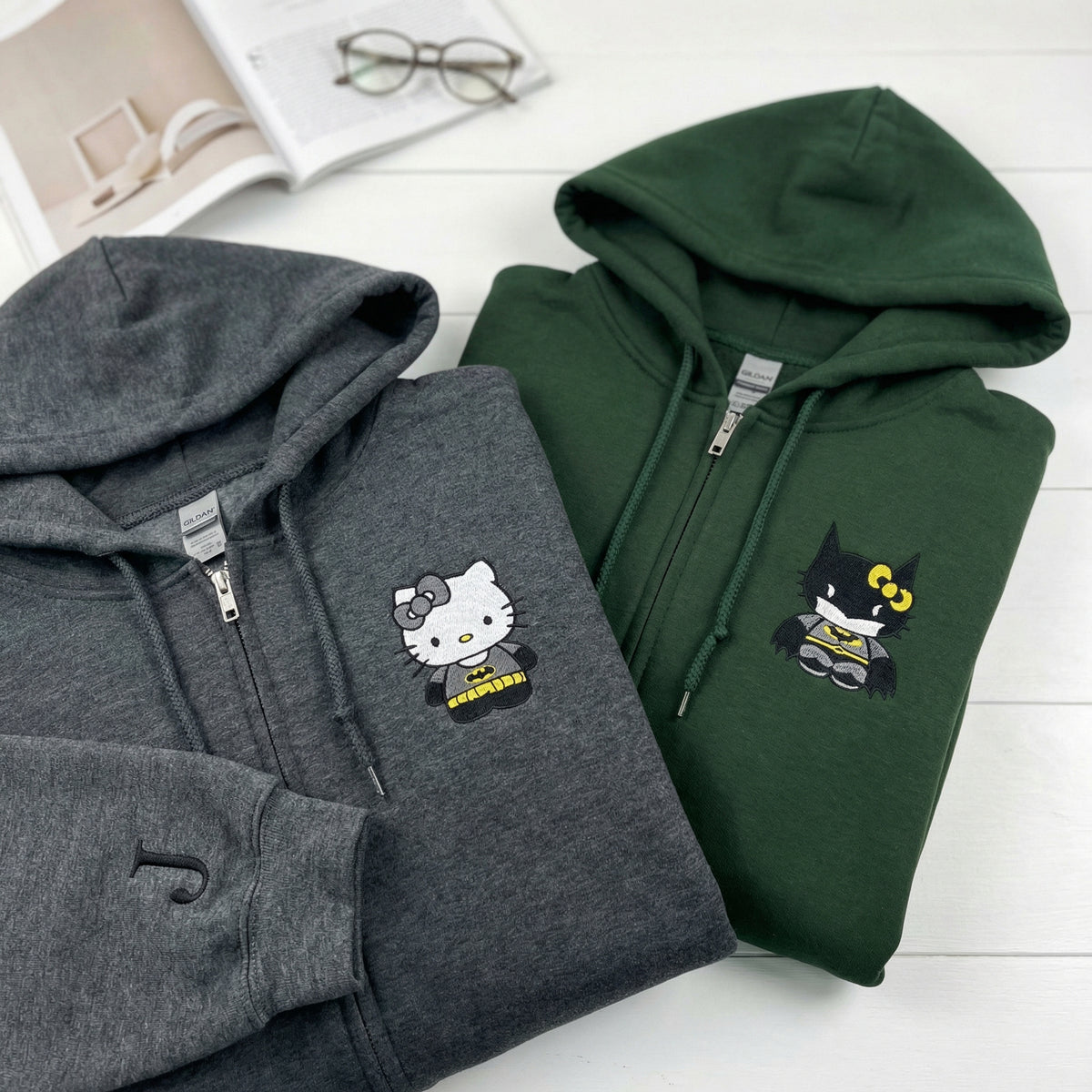 Custom Embroidered Quarter Zip Sweatshirts for Couples - Cartoon Bat & Kitten Matching Full-Zip Hoodie