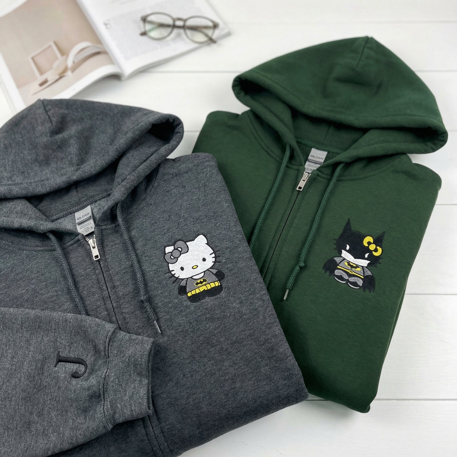 Custom Embroidered Quarter Zip Sweatshirts for Couples - Cartoon Bat & Kitten Matching Full-Zip Hoodie