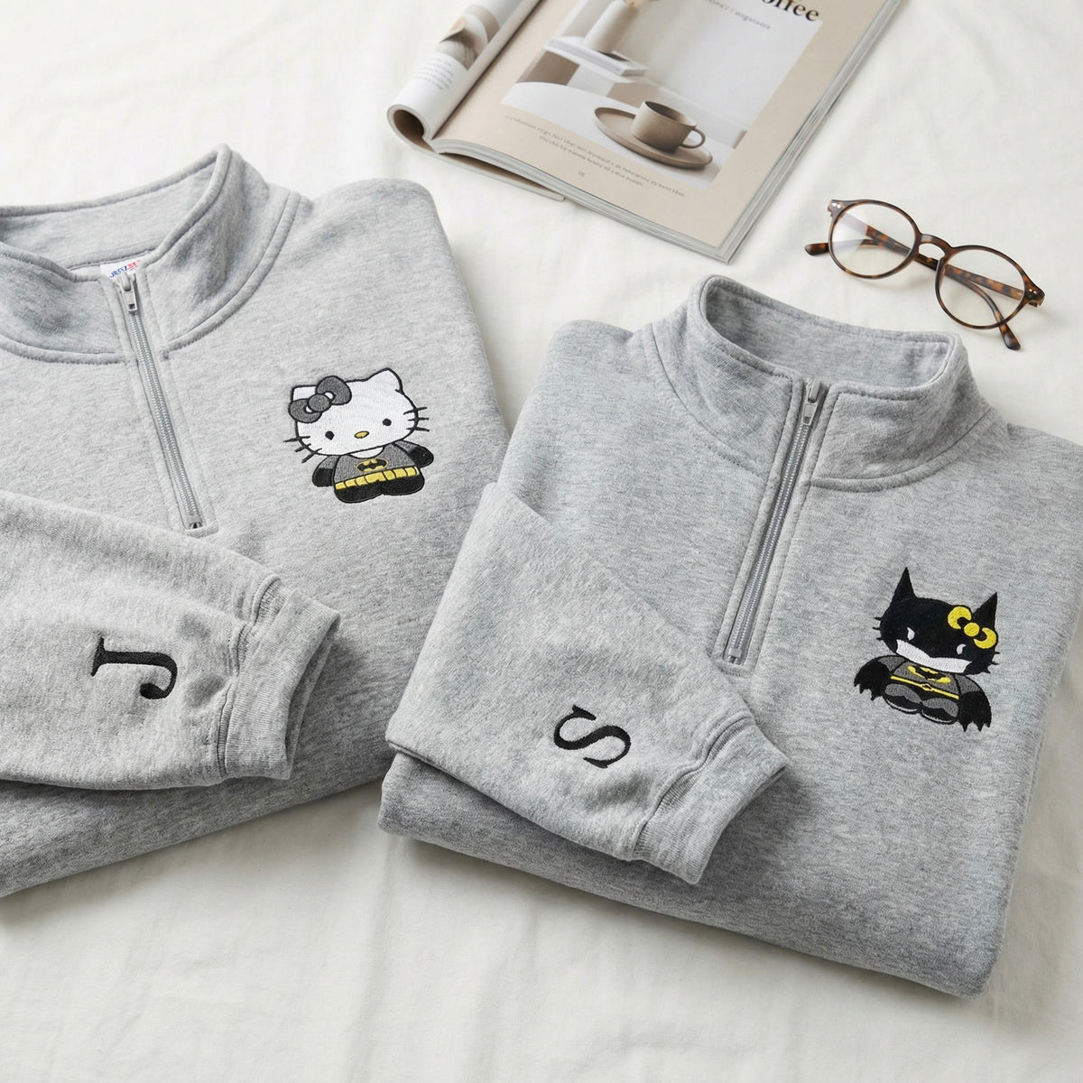 Custom Embroidered Quarter Zip Sweatshirts for Couples - Cartoon Bat &amp; Kitten Matching Full-Zip Hoodie