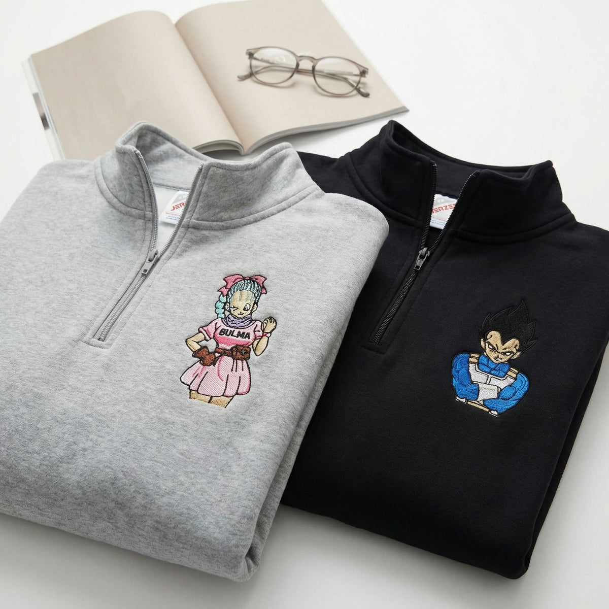 Custom Embroidered Quarter Zip Sweatshirts for Couples - Cartoon Inspired Matching Full-Zip Hoodie