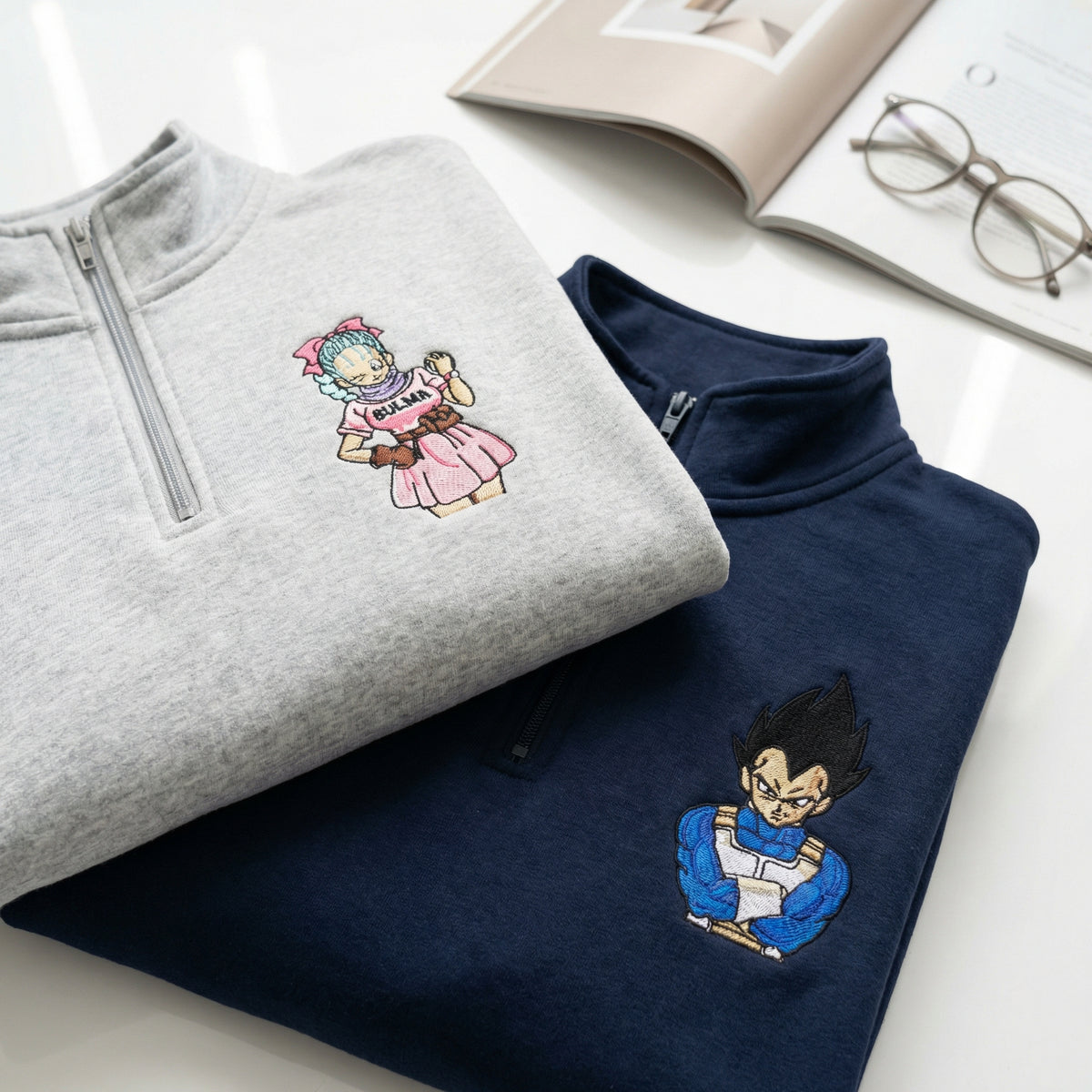 Custom Embroidered Quarter Zip Sweatshirts for Couples - Cartoon Inspired Matching Full-Zip Hoodie