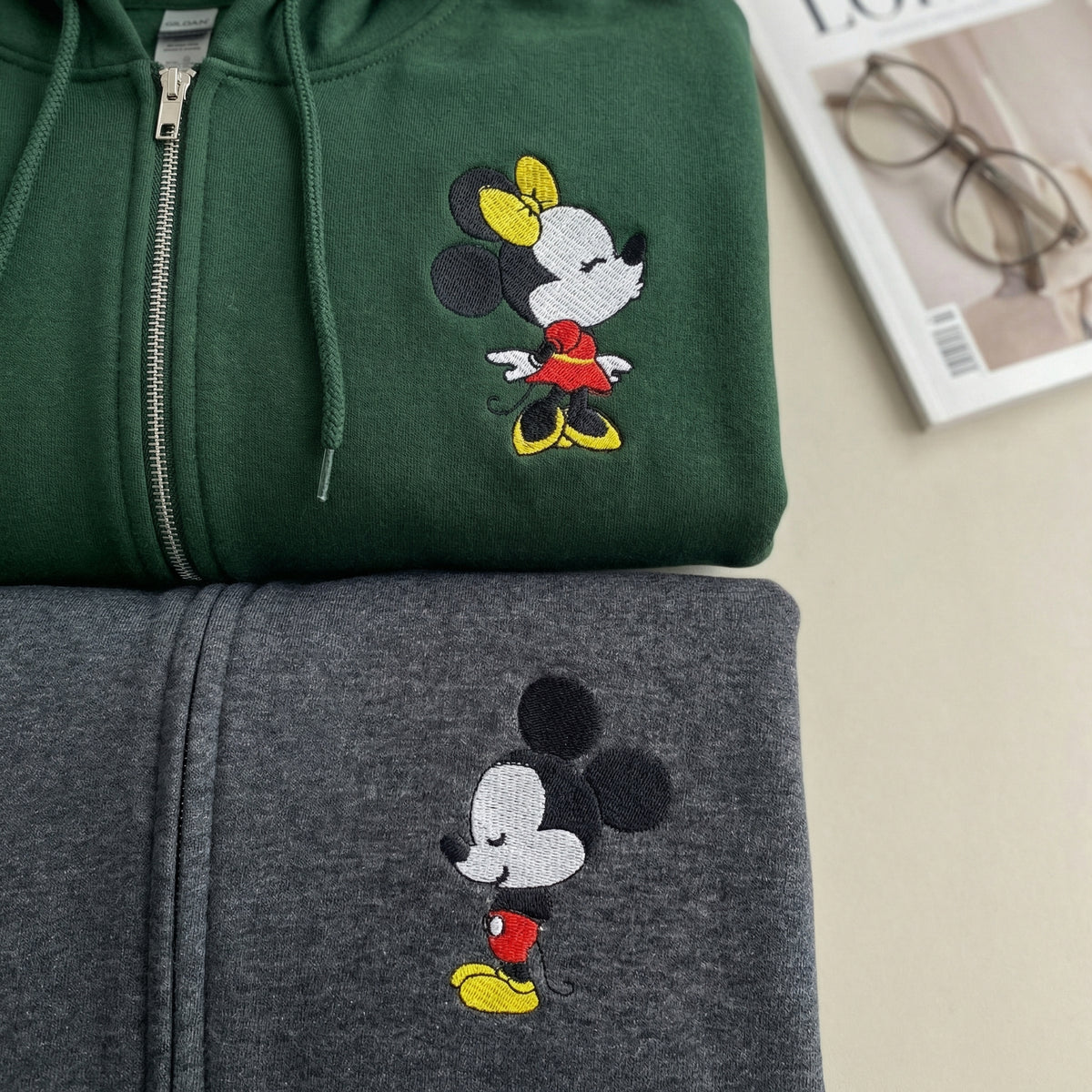 Custom Embroidered Quarter Zip Sweatshirts for Couples - Cartoon Mouse in Love Matching Full-Zip Hoodie