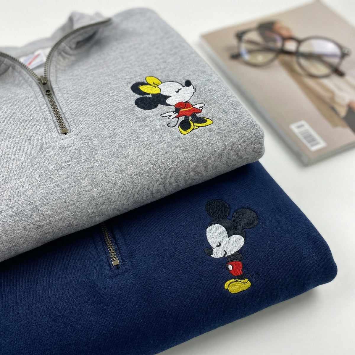 Custom Embroidered Quarter Zip Sweatshirts for Couples - Cartoon Mouse in Love Matching Full-Zip Hoodie