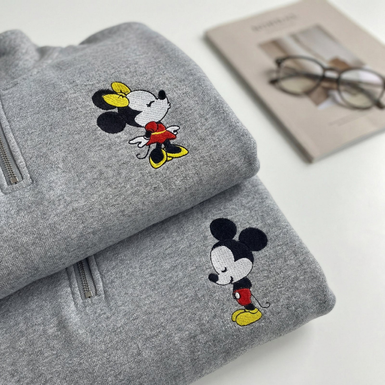 Custom Embroidered Quarter Zip Sweatshirts for Couples - Cartoon Mouse in Love Matching Full-Zip Hoodie