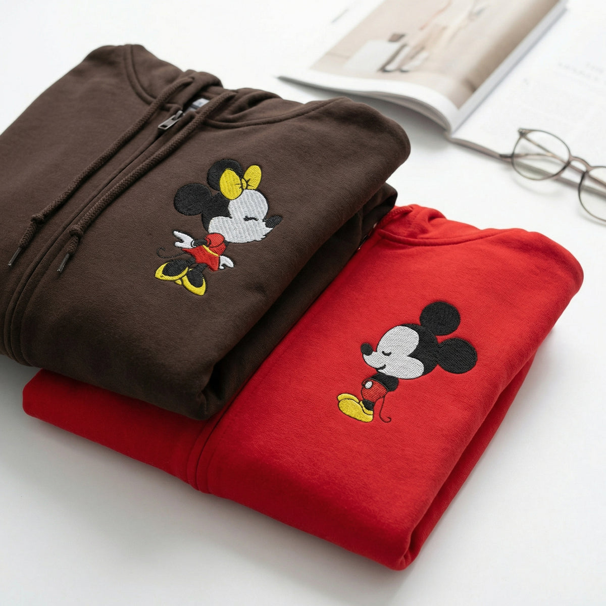 Custom Embroidered Quarter Zip Sweatshirts for Couples - Cartoon Mouse in Love Matching Full-Zip Hoodie