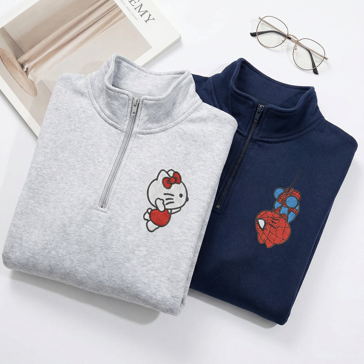 Custom Embroidered Quarter Zip Sweatshirts for Couples - Cartoon Spider & Kitten Matching Full-Zip Hoodie