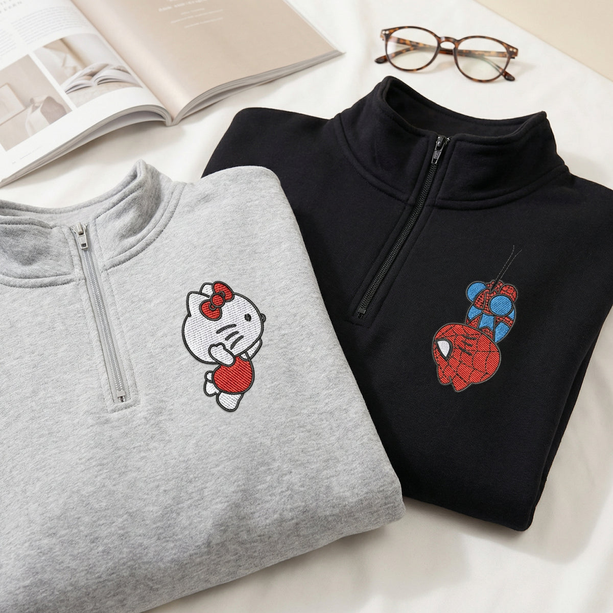Custom Embroidered Quarter Zip Sweatshirts for Couples - Cartoon Spider & Kitten Matching Full-Zip Hoodie