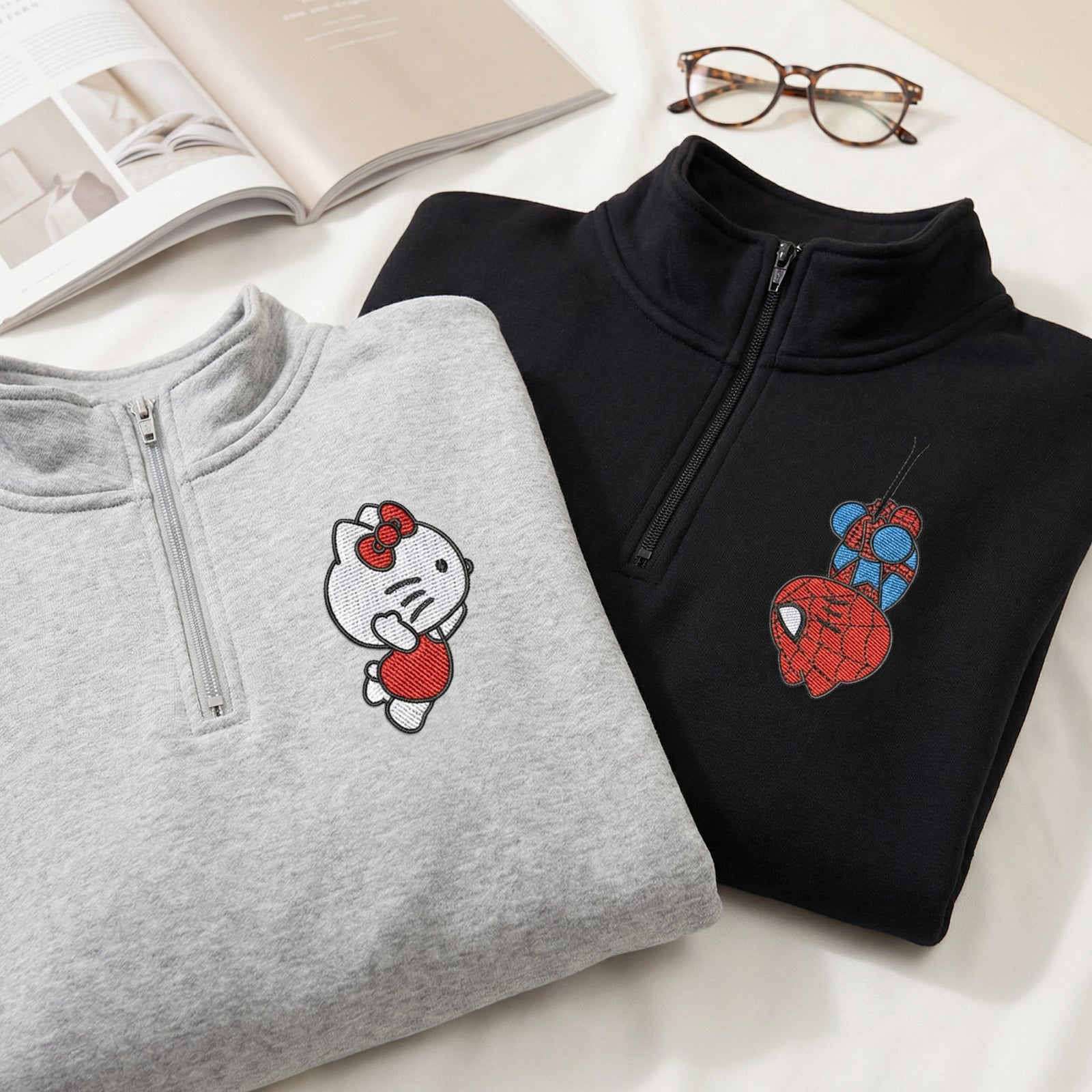 Custom Embroidered Quarter Zip Sweatshirts for Couples - Cartoon Spider & Kitten Matching Full-Zip Hoodie