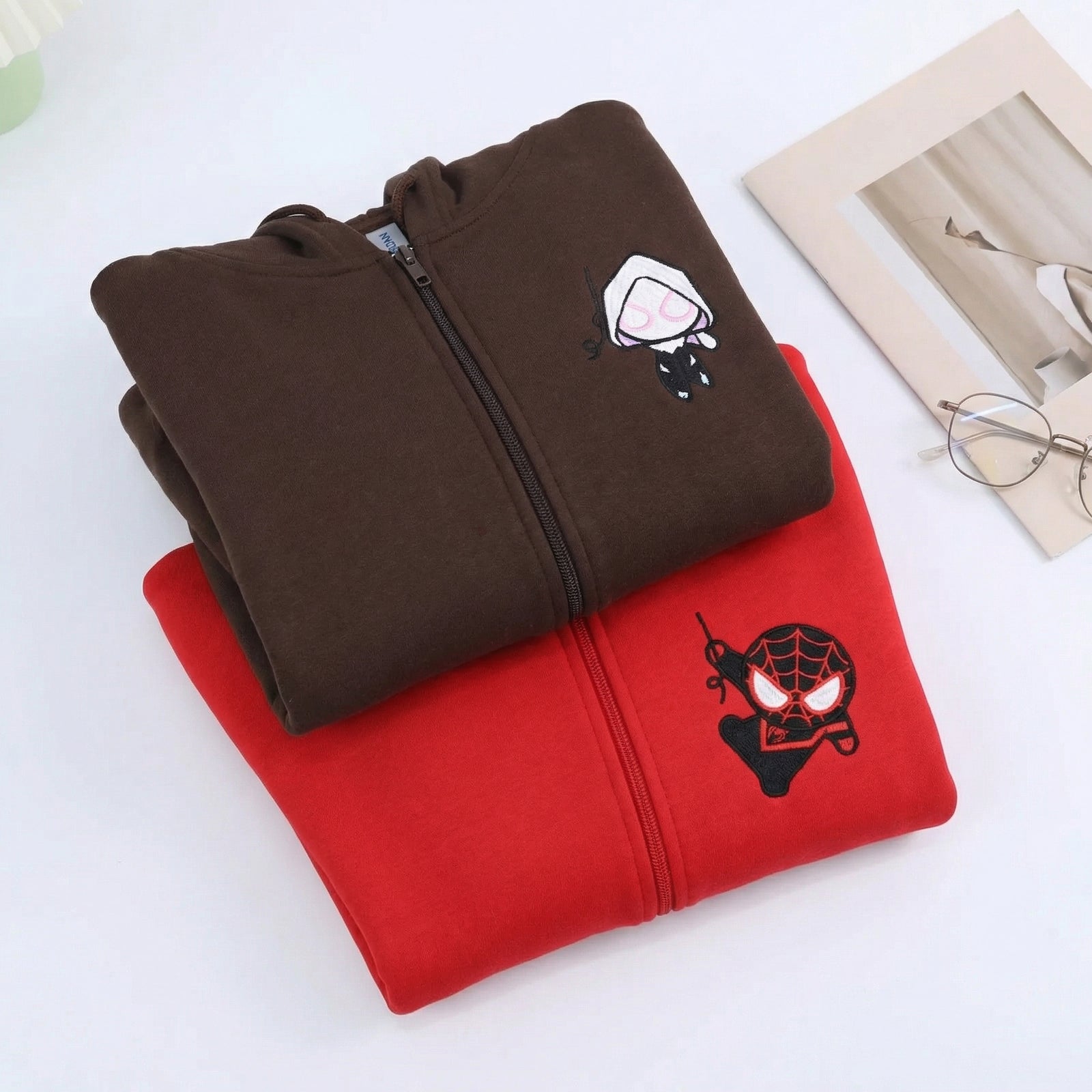 Custom Embroidered Quarter Zip Sweatshirts for Couples - Cartoon Superhero Inspired Matching Full-Zip Hoodie