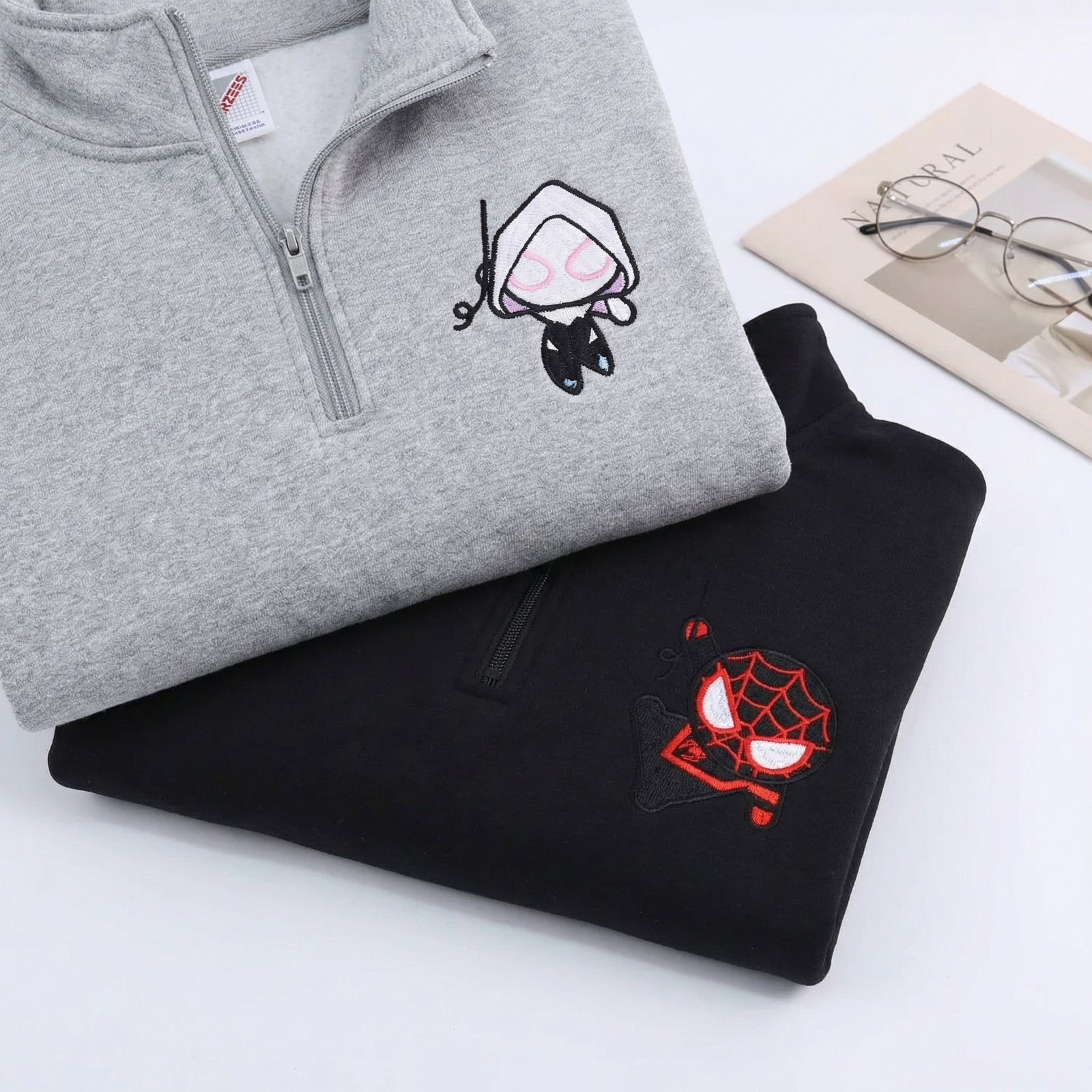 Custom Embroidered Quarter Zip Sweatshirts for Couples - Cartoon Superhero Inspired Matching Full-Zip Hoodie