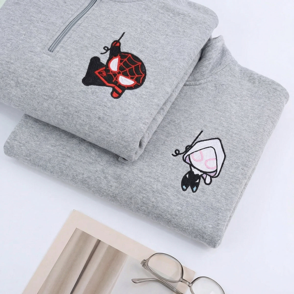 Custom Embroidered Quarter Zip Sweatshirts for Couples - Cartoon Superhero Inspired Matching Full-Zip Hoodie