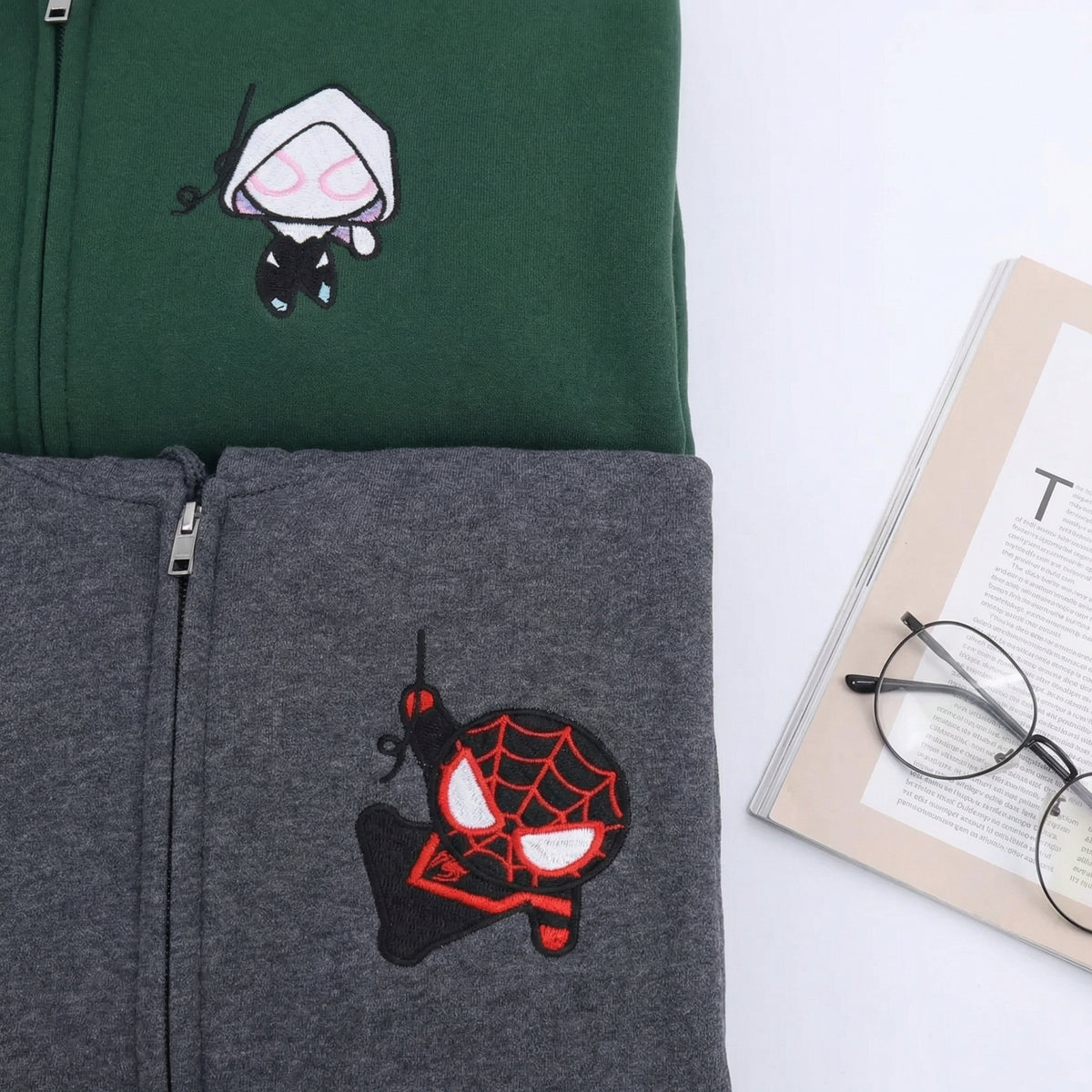 Custom Embroidered Quarter Zip Sweatshirts for Couples - Cartoon Superhero Inspired Matching Full-Zip Hoodie