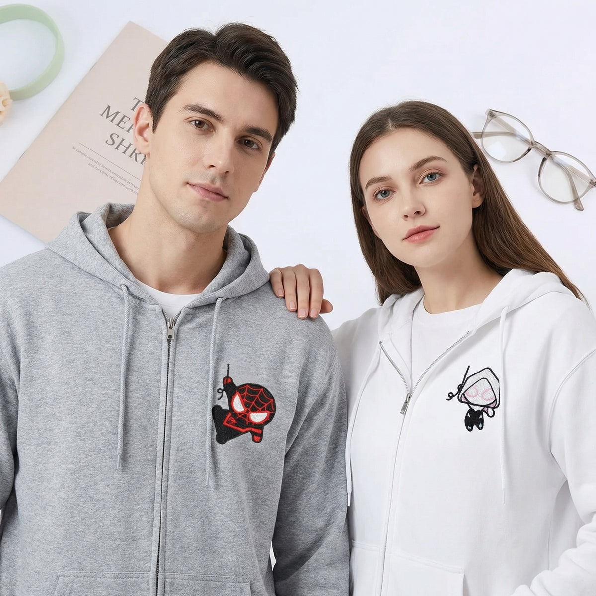 Custom Embroidered Quarter Zip Sweatshirts for Couples - Cartoon Superhero Inspired Matching Full-Zip Hoodie