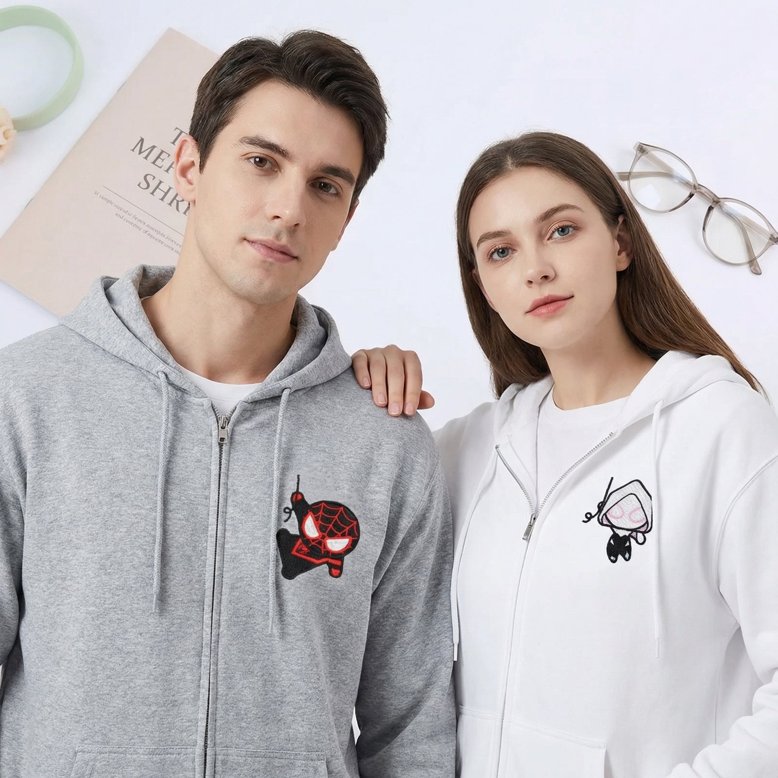 Custom Embroidered Quarter Zip Sweatshirts for Couples - Cartoon Superhero Inspired Matching Full-Zip Hoodie