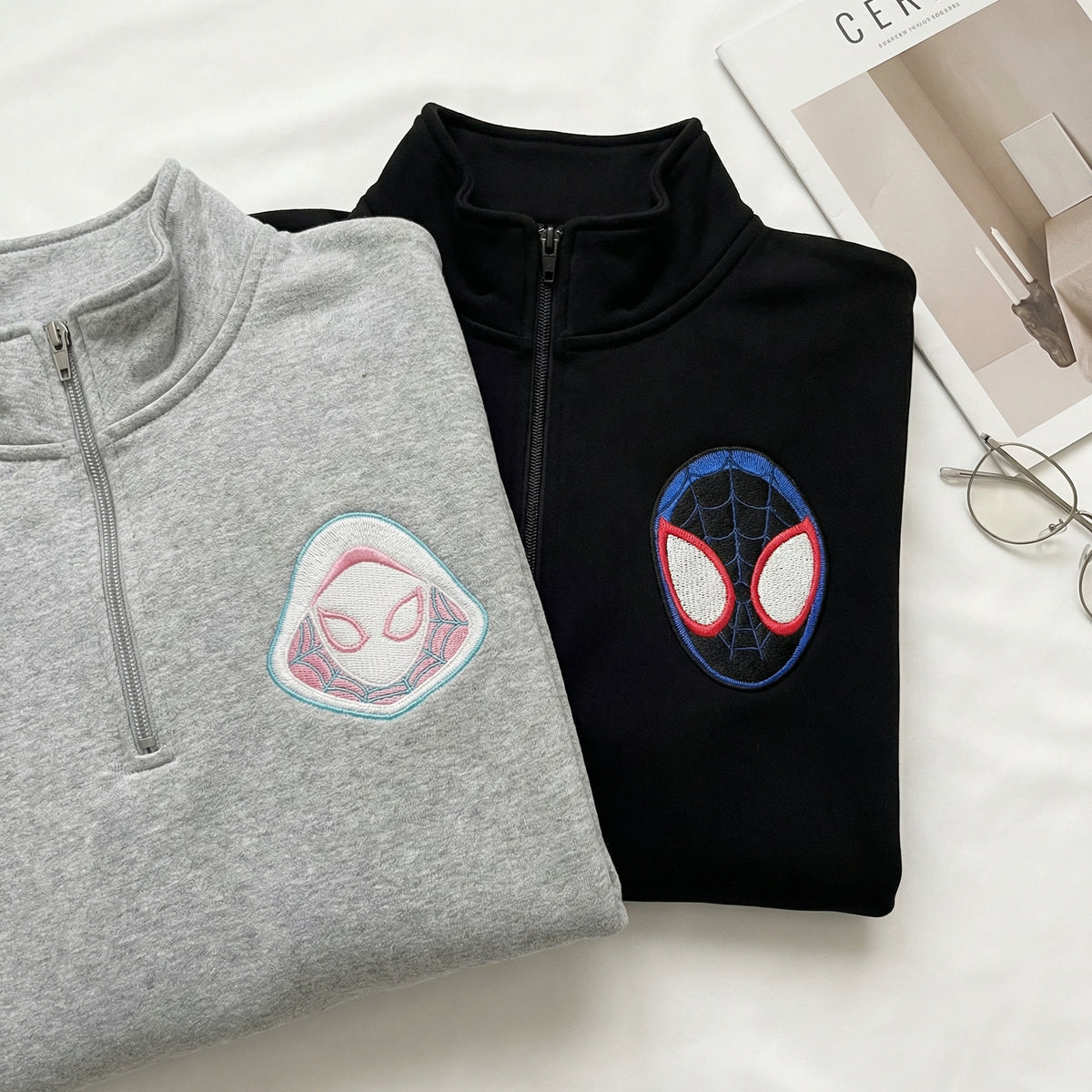 Custom Embroidered Quarter Zip Sweatshirts for Couples - Cartoon Superhero Matching Full-Zip Hoodie