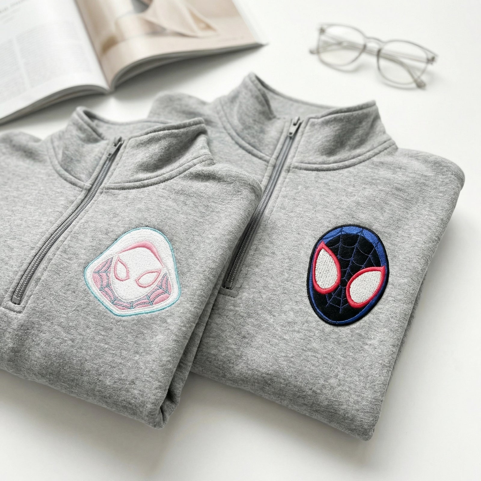 Custom Embroidered Quarter Zip Sweatshirts for Couples - Cartoon Superhero Matching Full-Zip Hoodie