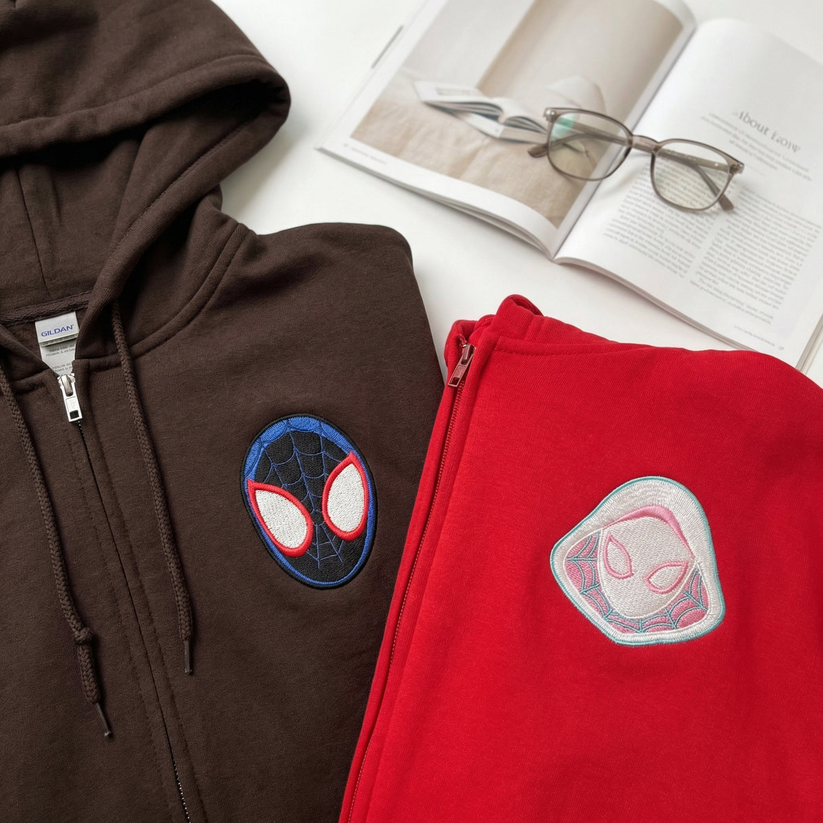 Custom Embroidered Quarter Zip Sweatshirts for Couples - Cartoon Superhero Matching Full-Zip Hoodie