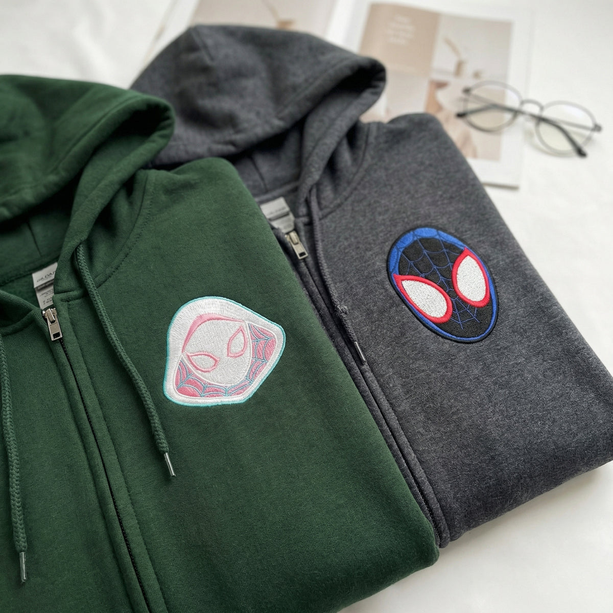 Custom Embroidered Quarter Zip Sweatshirts for Couples - Cartoon Superhero Matching Full-Zip Hoodie