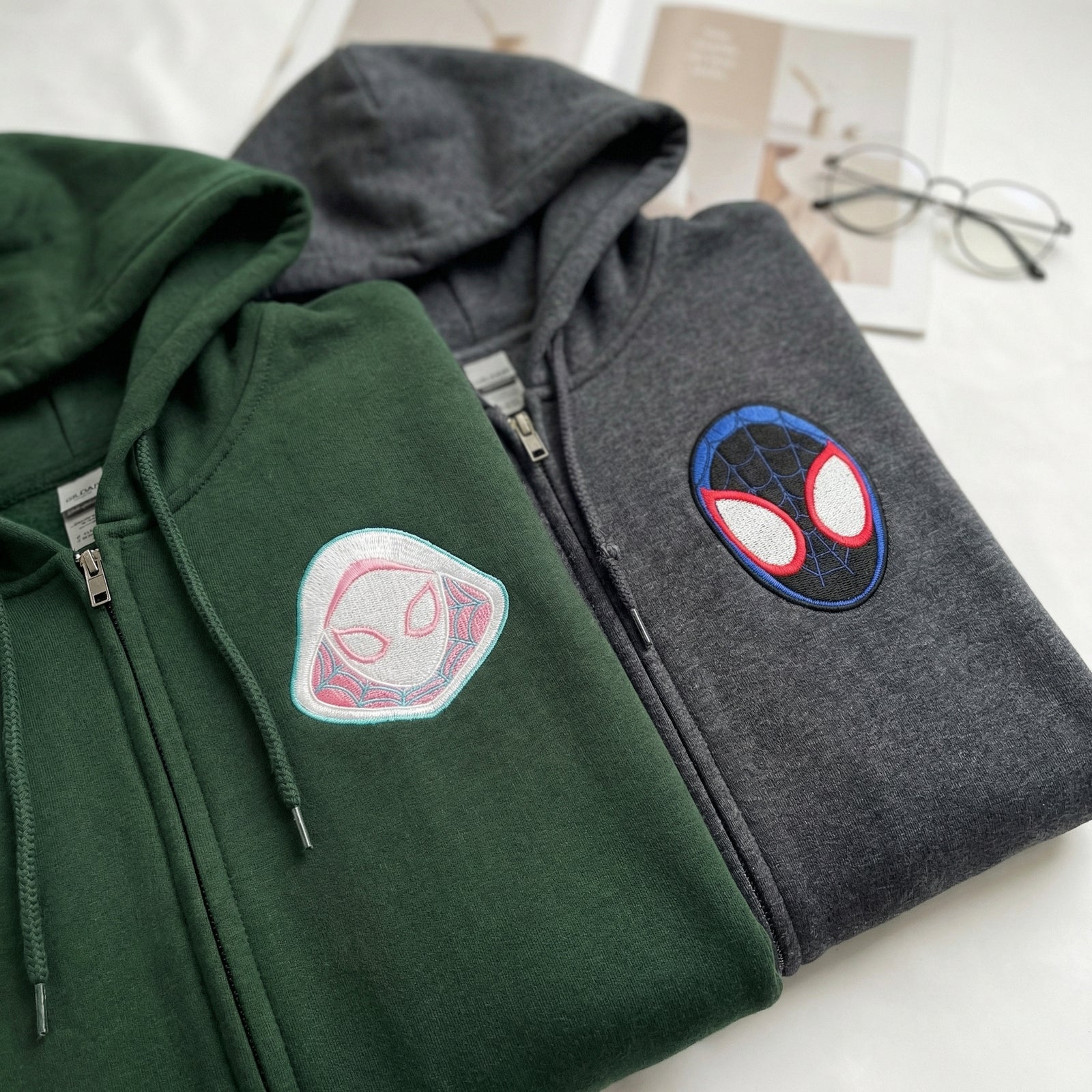 Custom Embroidered Quarter Zip Sweatshirts for Couples - Cartoon Superhero Matching Full-Zip Hoodie
