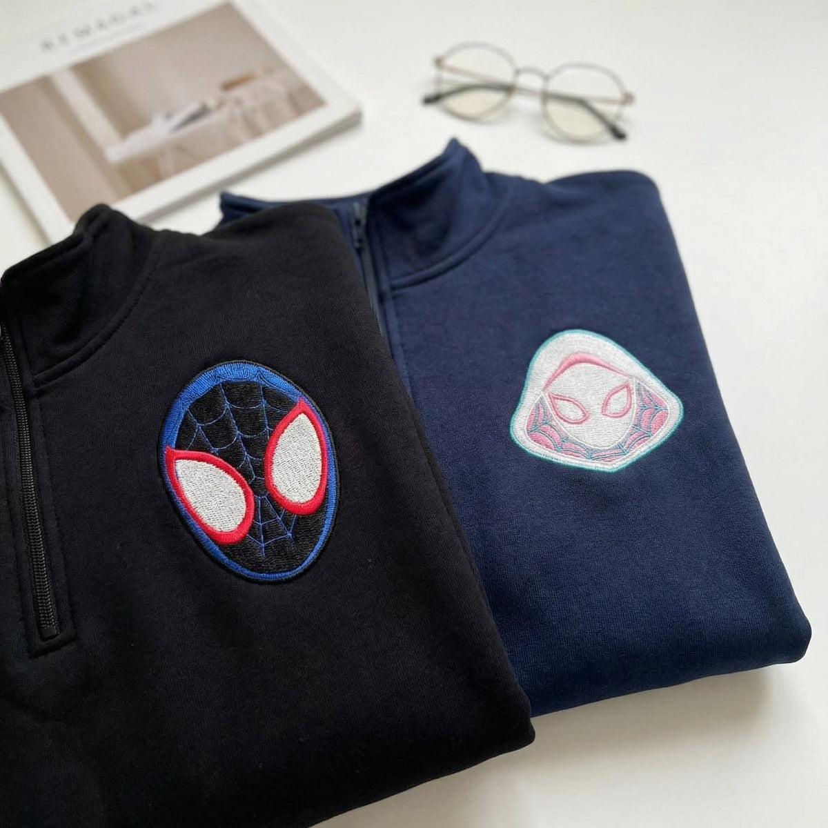 Custom Embroidered Quarter Zip Sweatshirts for Couples - Cartoon Superhero Matching Full-Zip Hoodie