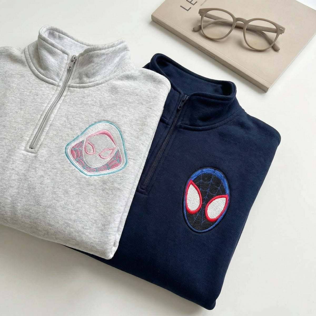 Custom Embroidered Quarter Zip Sweatshirts for Couples - Cartoon Superhero Matching Full-Zip Hoodie