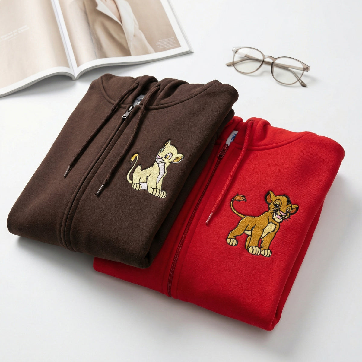Custom Embroidered Quarter Zip Sweatshirts for Couples - Cute Cartoon Lion Matching Full-Zip Hoodie