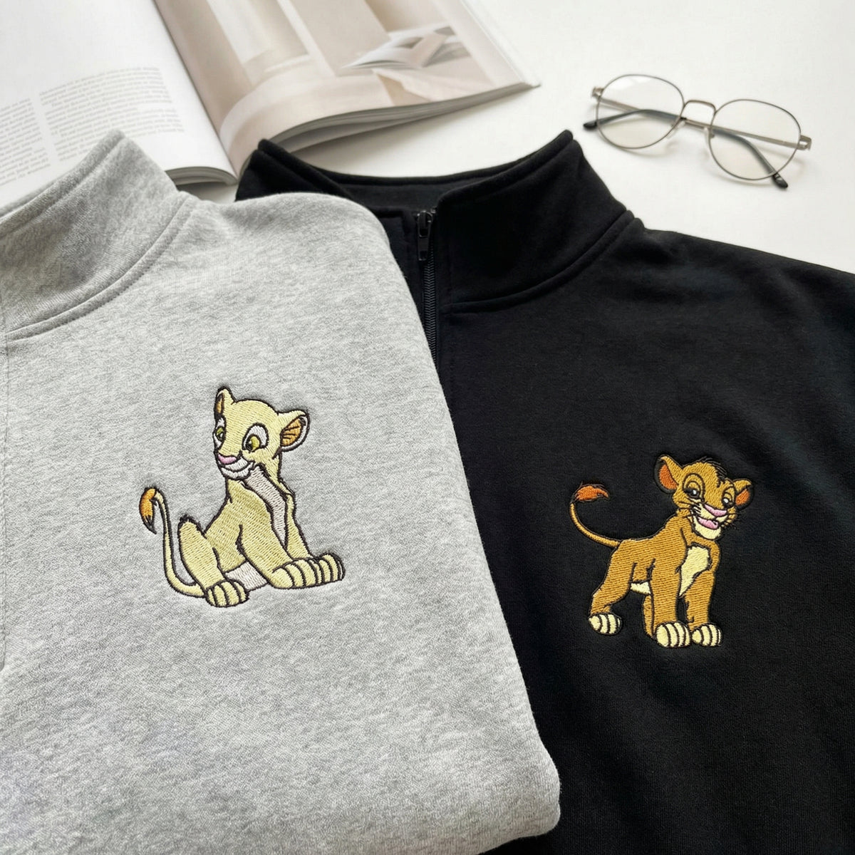 Custom Embroidered Quarter Zip Sweatshirts for Couples - Cute Cartoon Lion Matching Full-Zip Hoodie