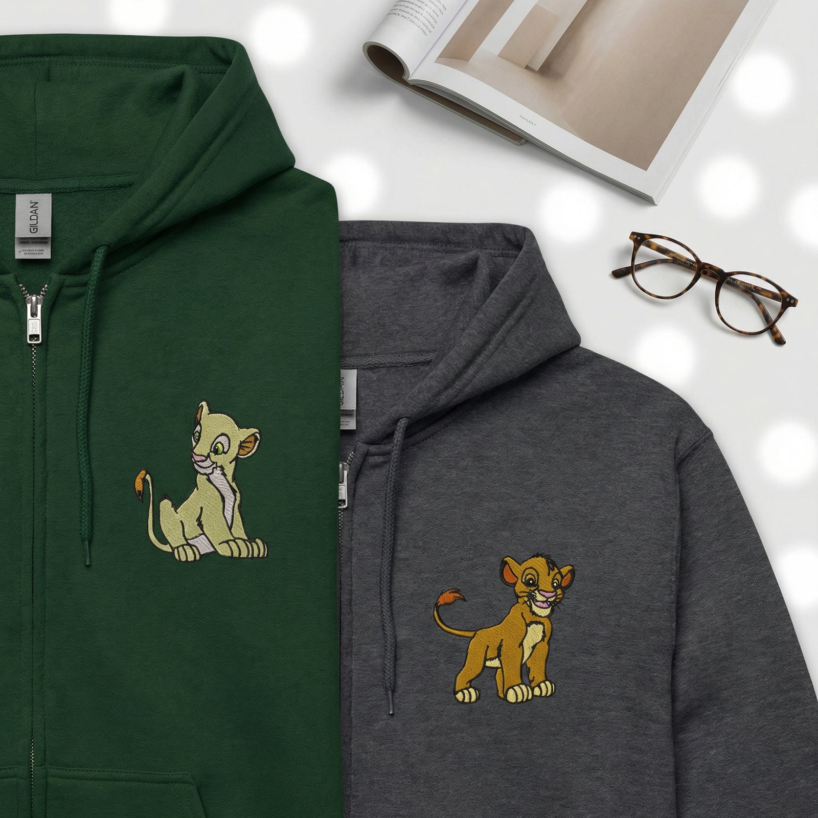 Custom Embroidered Quarter Zip Sweatshirts for Couples - Cute Cartoon Lion Matching Full-Zip Hoodie