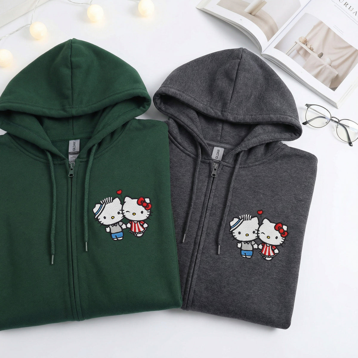Custom Embroidered Quarter Zip Sweatshirts for Couples - Cute Kiss Kitten Matching Full-Zip Hoodie