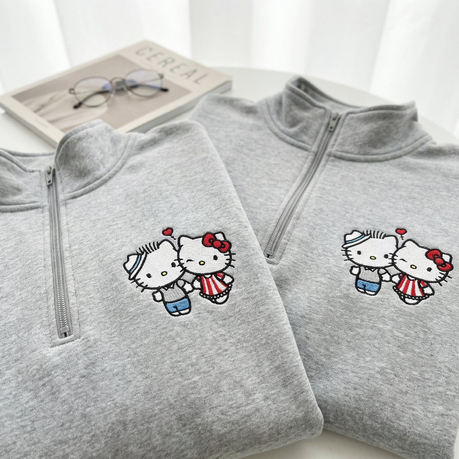 Custom Embroidered Quarter Zip Sweatshirts for Couples - Cute Kiss Kitten Matching Full-Zip Hoodie
