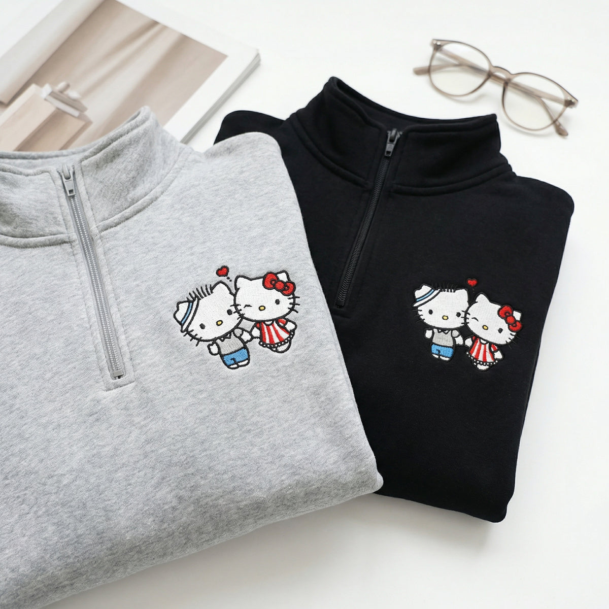 Custom Embroidered Quarter Zip Sweatshirts for Couples - Cute Kiss Kitten Matching Full-Zip Hoodie