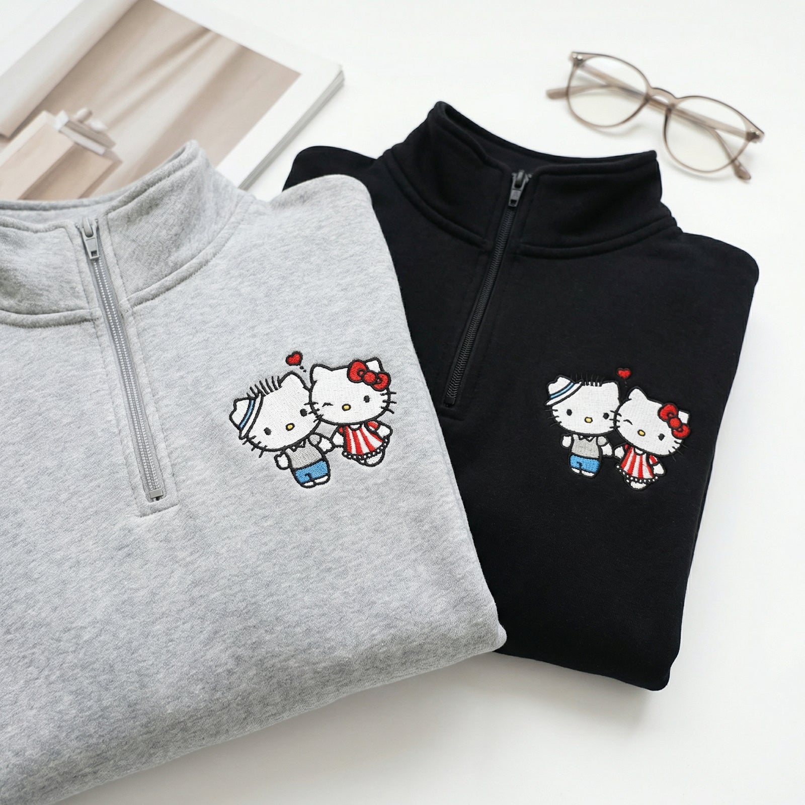 Custom Embroidered Quarter Zip Sweatshirts for Couples - Cute Kiss Kitten Matching Full-Zip Hoodie