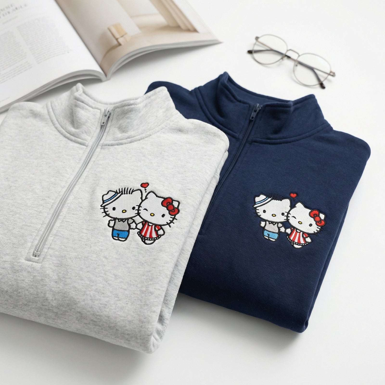 Custom Embroidered Quarter Zip Sweatshirts for Couples - Cute Kiss Kitten Matching Full-Zip Hoodie