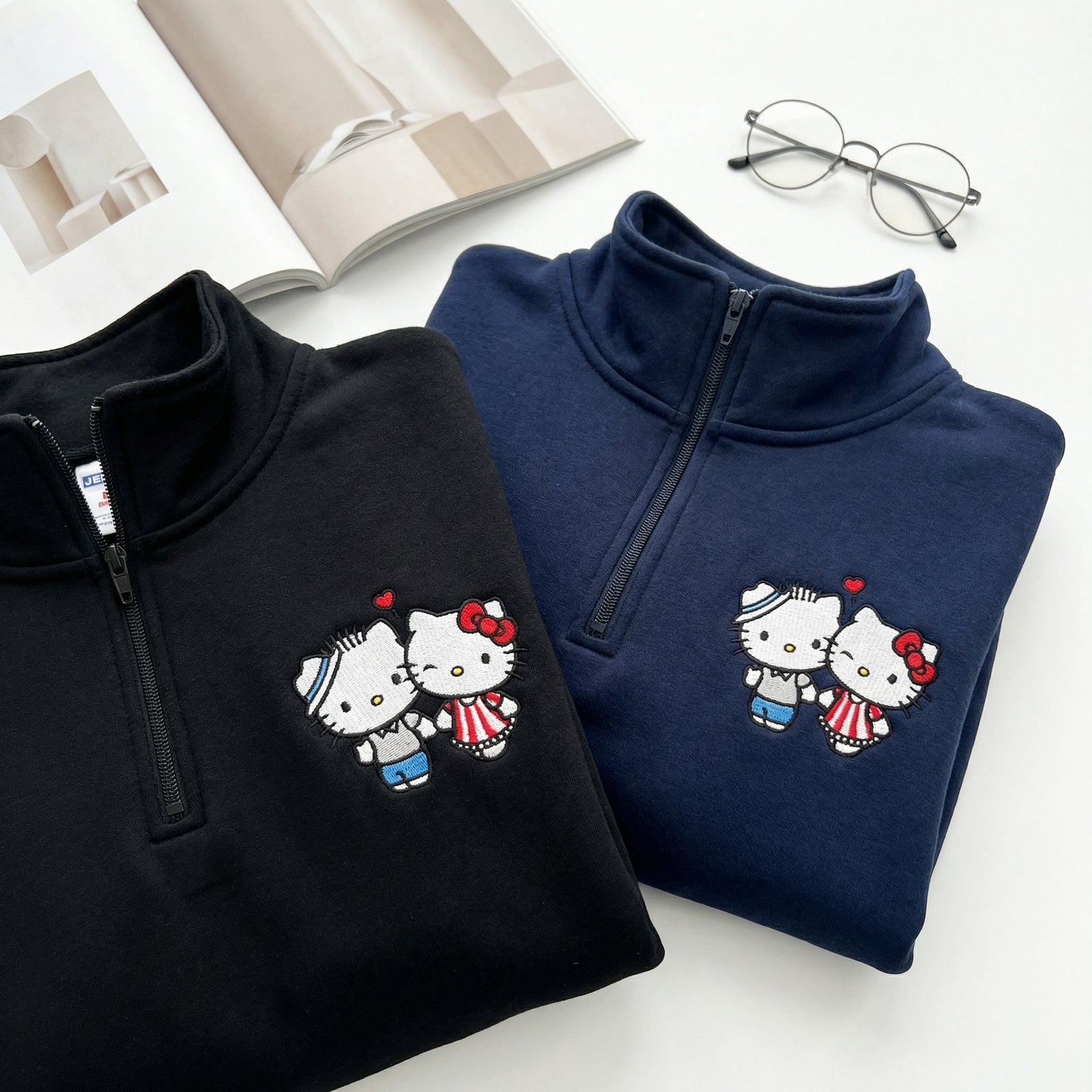 Custom Embroidered Quarter Zip Sweatshirts for Couples - Cute Kiss Kitten Matching Full-Zip Hoodie