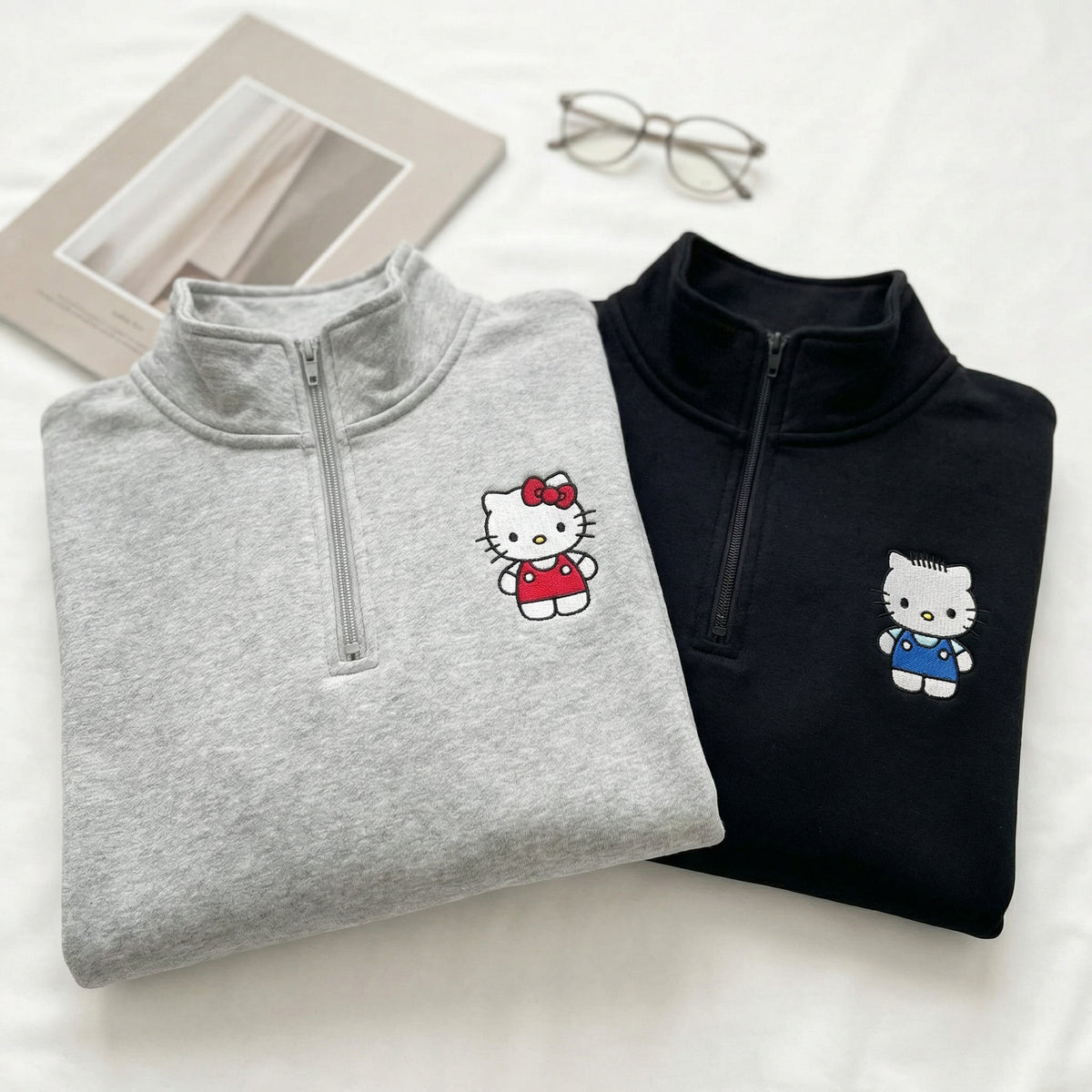 Custom Embroidered Quarter Zip Sweatshirts for Couples - Cute Kitten Matching Full-Zip Hoodie