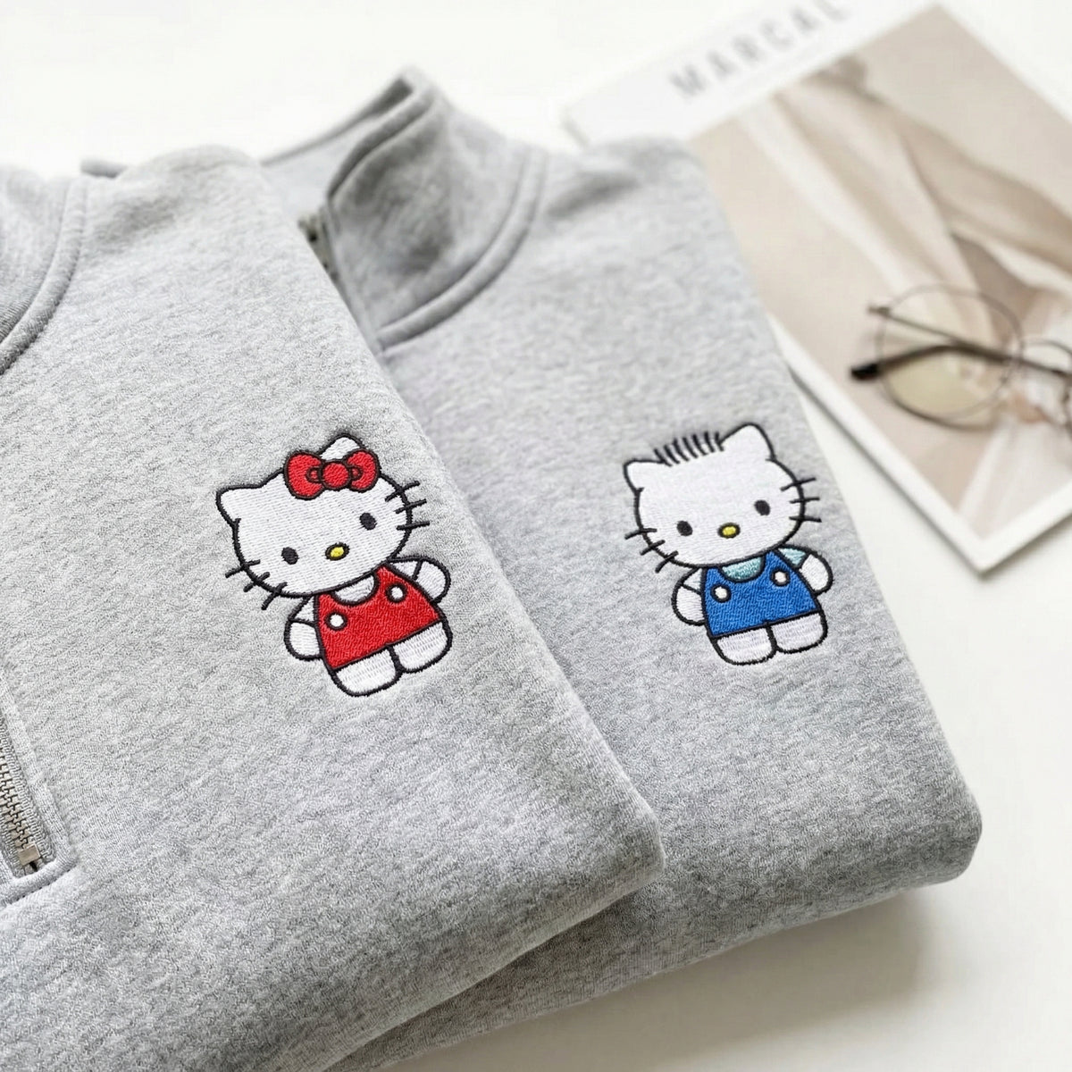 Custom Embroidered Quarter Zip Sweatshirts for Couples - Cute Kitten Matching Full-Zip Hoodie