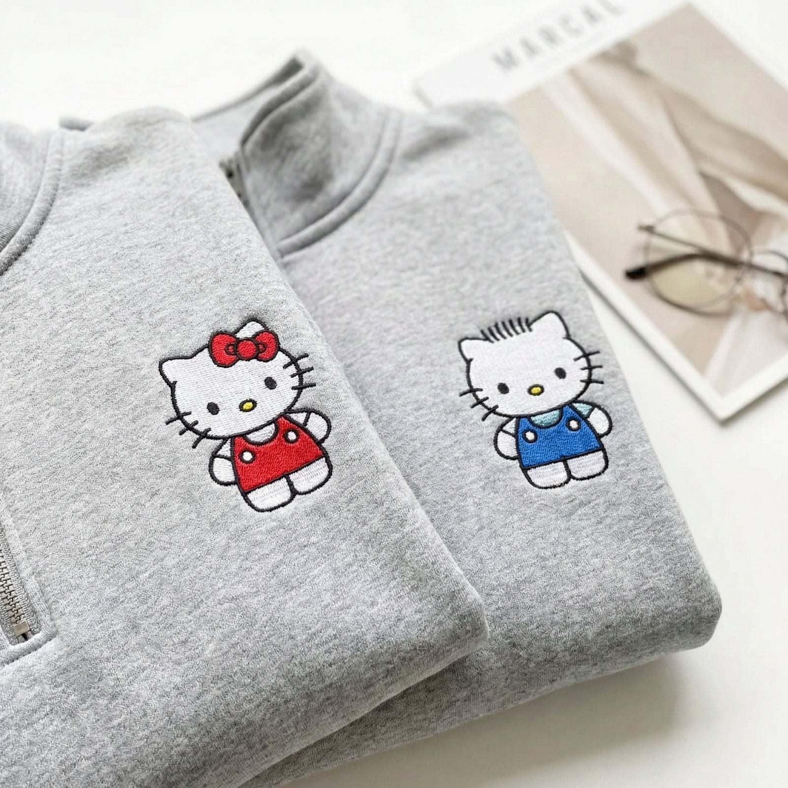 Custom Embroidered Quarter Zip Sweatshirts for Couples - Cute Kitten Matching Full-Zip Hoodie