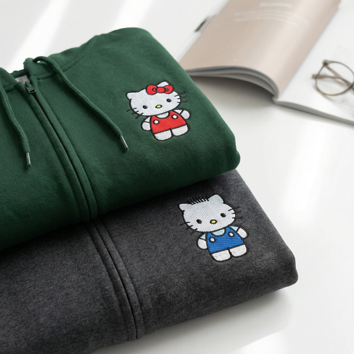 Custom Embroidered Quarter Zip Sweatshirts for Couples - Cute Kitten Matching Full-Zip Hoodie