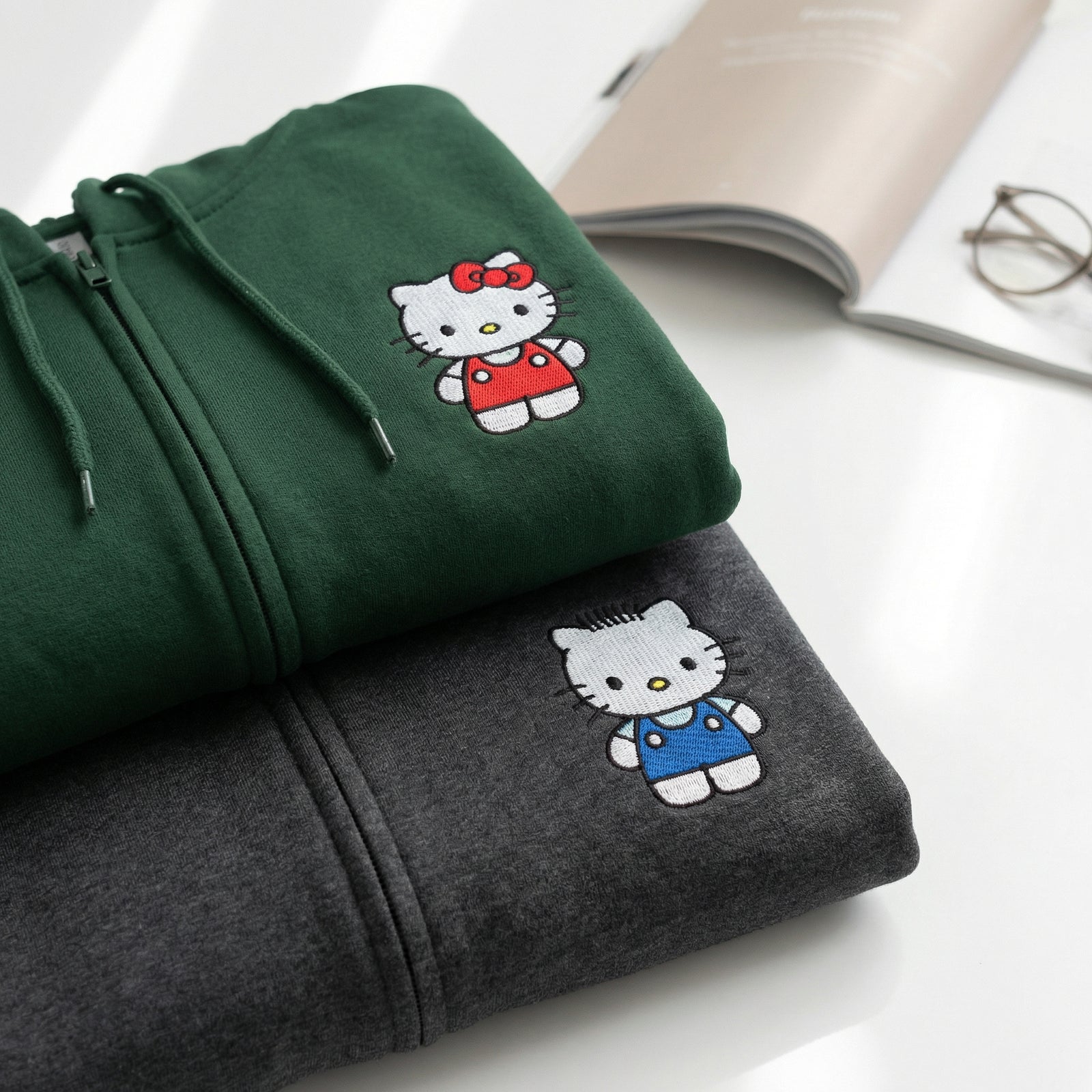 Custom Embroidered Quarter Zip Sweatshirts for Couples - Cute Kitten Matching Full-Zip Hoodie