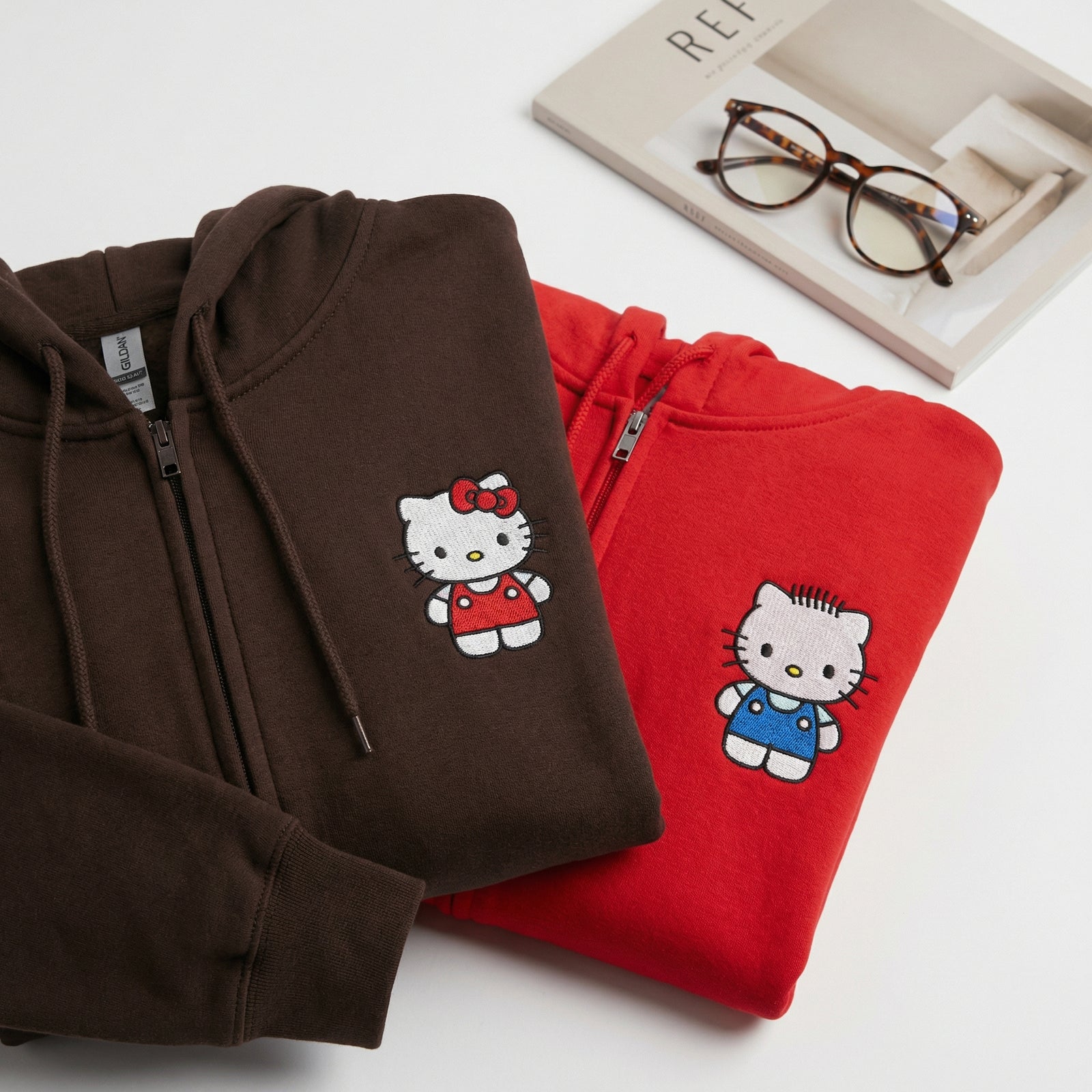 Custom Embroidered Quarter Zip Sweatshirts for Couples - Cute Kitten Matching Full-Zip Hoodie