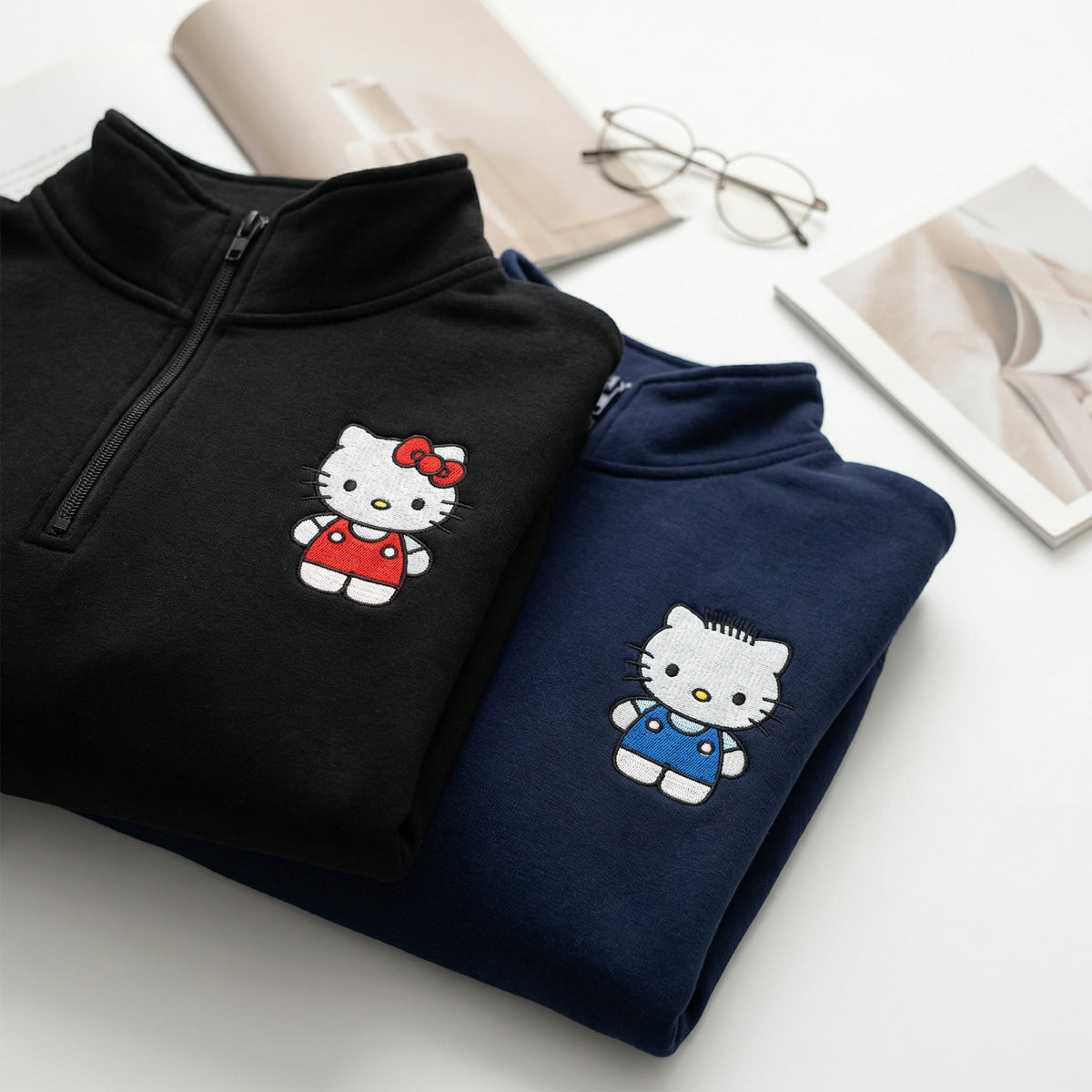 Custom Embroidered Quarter Zip Sweatshirts for Couples - Cute Kitten Matching Full-Zip Hoodie