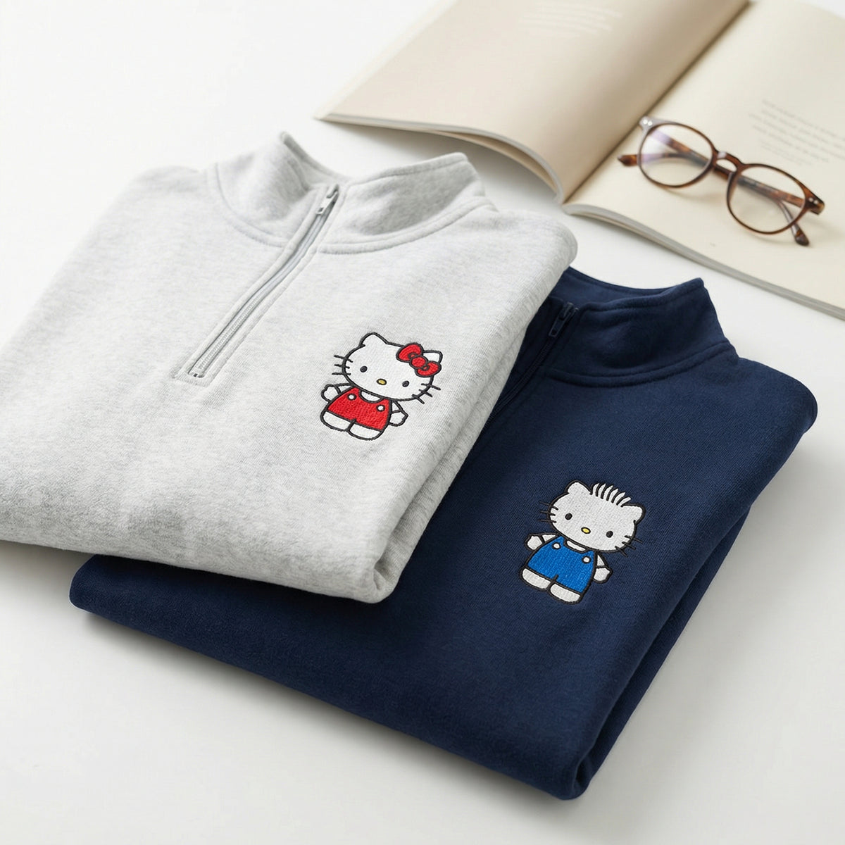 Custom Embroidered Quarter Zip Sweatshirts for Couples - Cute Kitten Matching Full-Zip Hoodie